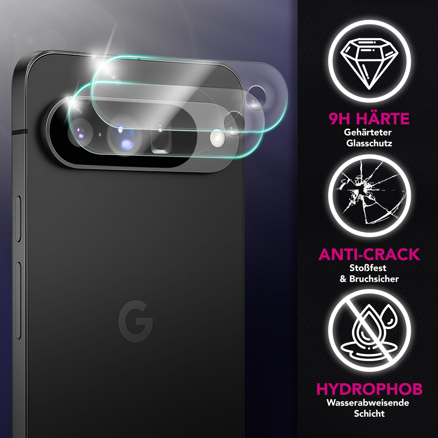 Téléphone noir avec protecteur d'écran. Offre une dureté 9H, anti-fissures et des propriétés hydrophobes. Housse de protection pour la caméra.