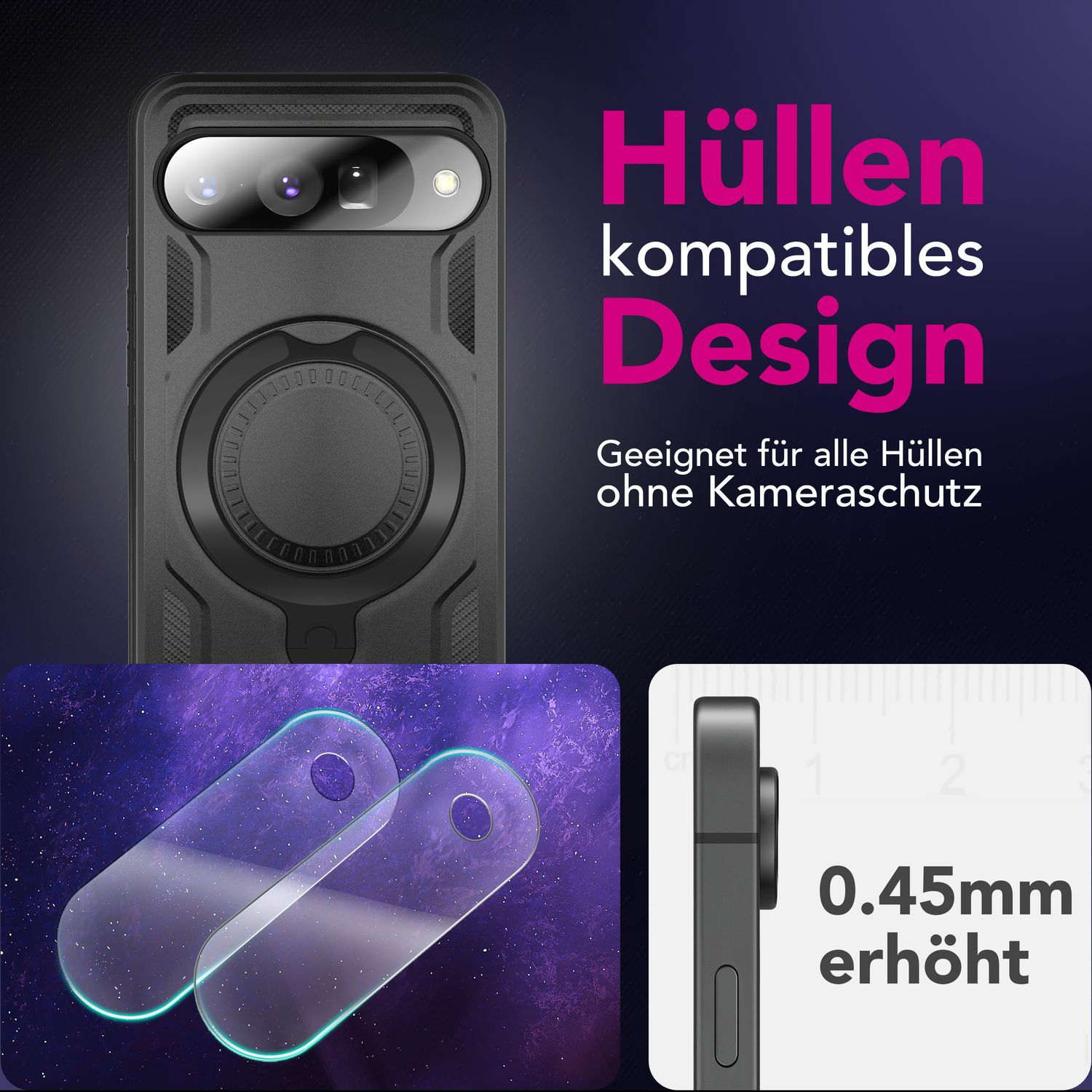 L'image montre une coque de téléphone, des protections d'écran et une mesure. Le texte comprend 'Hüllen kompatibles Design' et '0.45mm erhöht'.