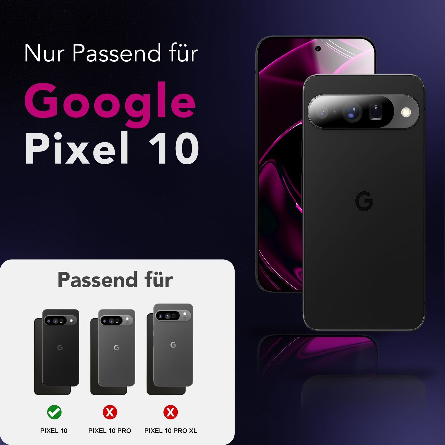 L'image montre un téléphone et un étui, avec du texte indiquant la compatibilité avec Google Pixel 10. D'autres modèles sont marqués comme incompatibles.