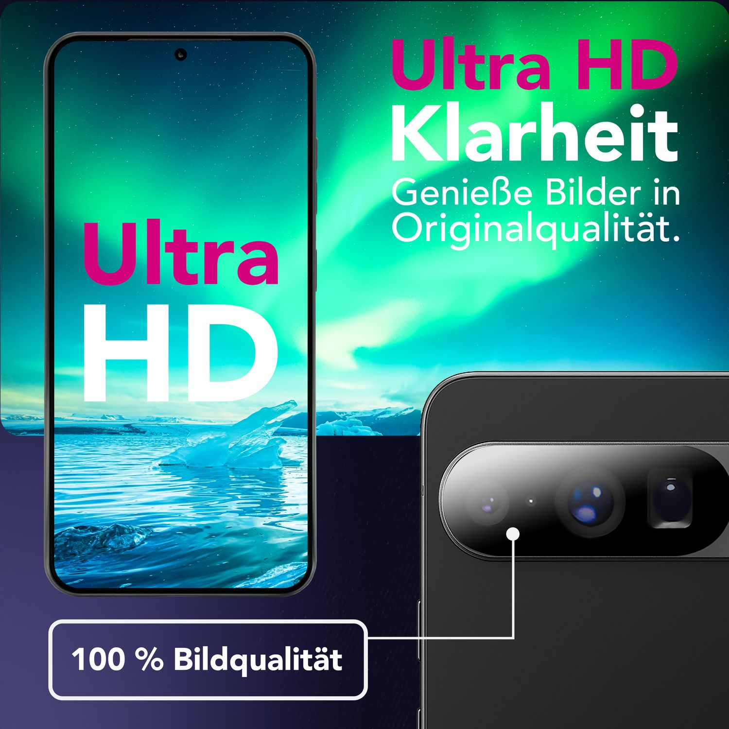 Un écran de smartphone affiche le texte 'Ultra HD' et des icebergs sur un fond vert. La caméra du téléphone est également visible.