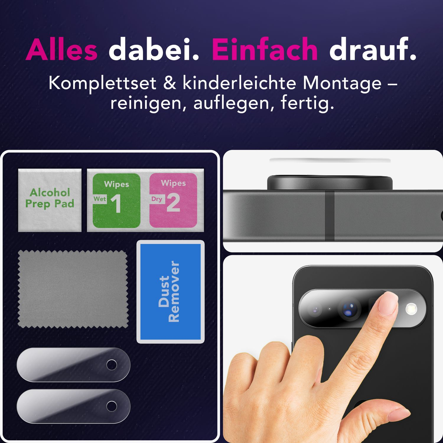 L'image montre des accessoires pour téléphone : lingettes, tampon d'alcool, dissolvant de poussière et protecteurs d'écran. Une main touche le téléphone.