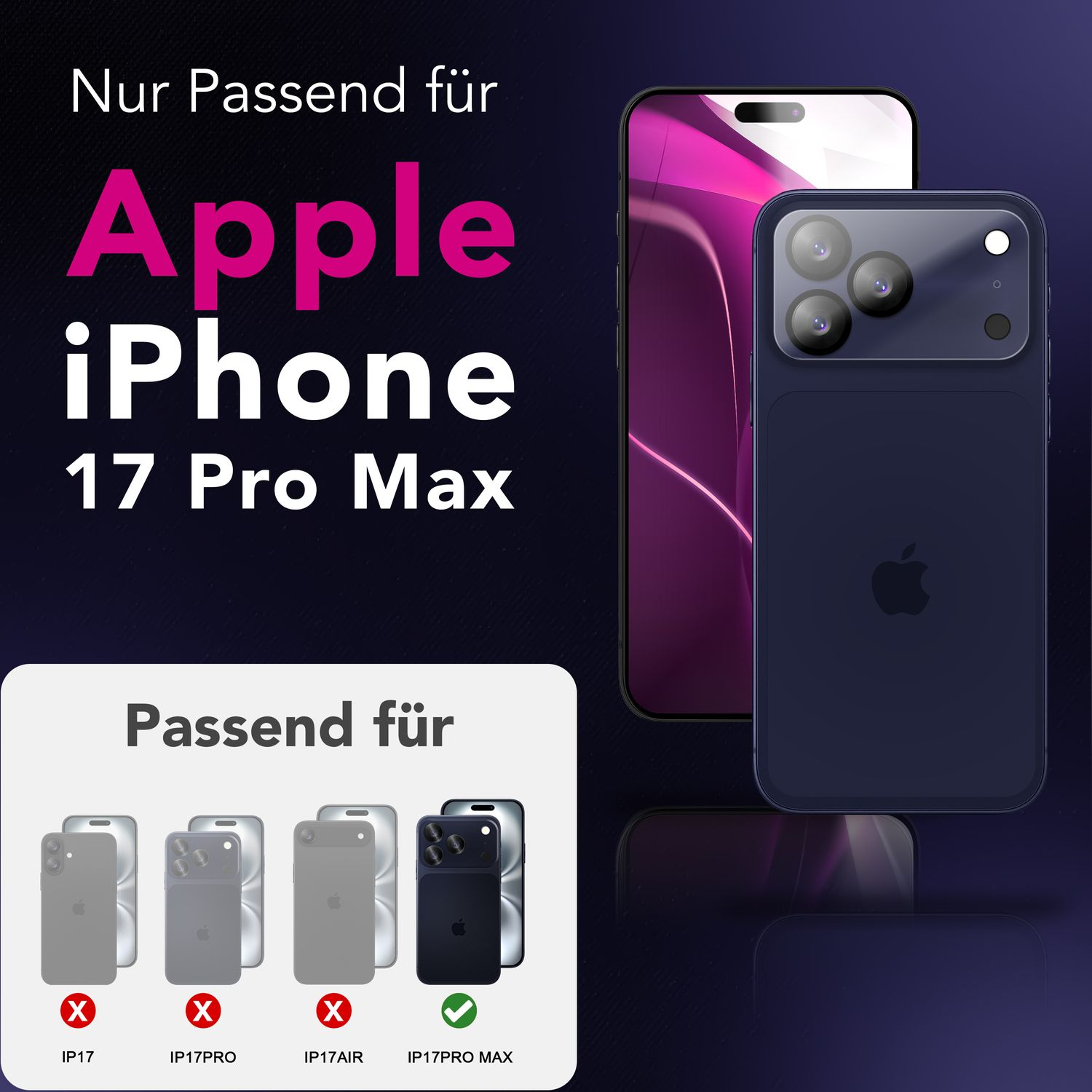 L'image montre un iPhone 17 Pro Max. Le texte dit 'Nur Passend für Apple iPhone 17 Pro Max'. Des coques sont affichées, seul le Pro Max est compatible.