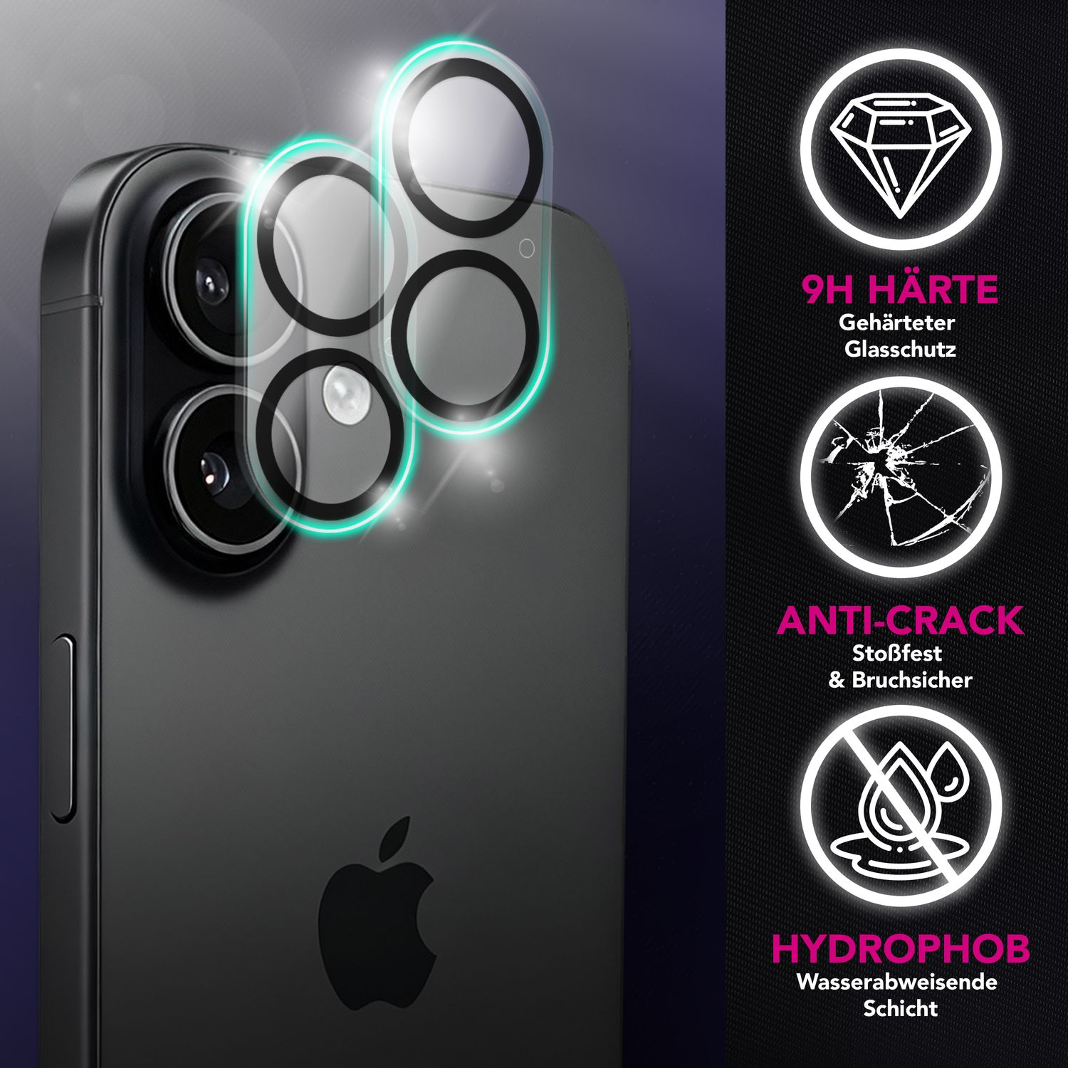 Téléphone noir avec protecteur d'objectif. Caractéristiques : dureté 9H, anti-fissure et hydrophobe, avec logo Apple visible.