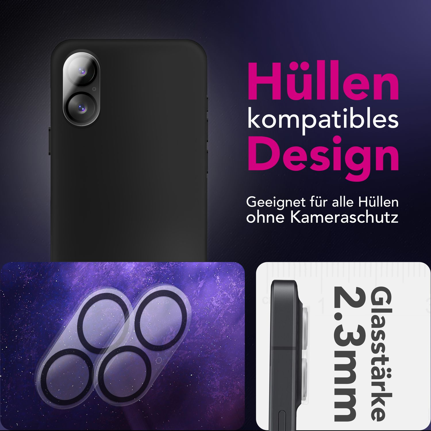 Un étui de téléphone noir avec des protections d'objectif de caméra. Le texte en allemand indique 'Design compatible' et 'Épaisseur du verre de 2,3 mm'.