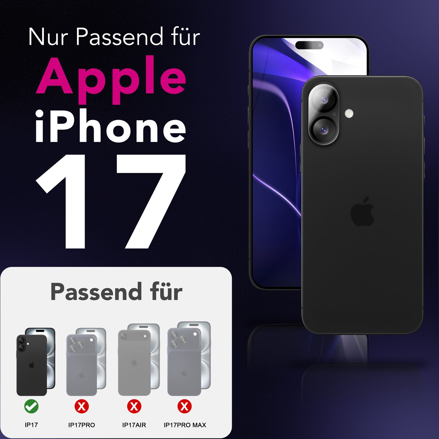 L'image montre un iPhone 17 avec un étui noir. Le texte affiche 'Nur Passend für Apple iPhone 17' et 'Passend für' avec les modèles.