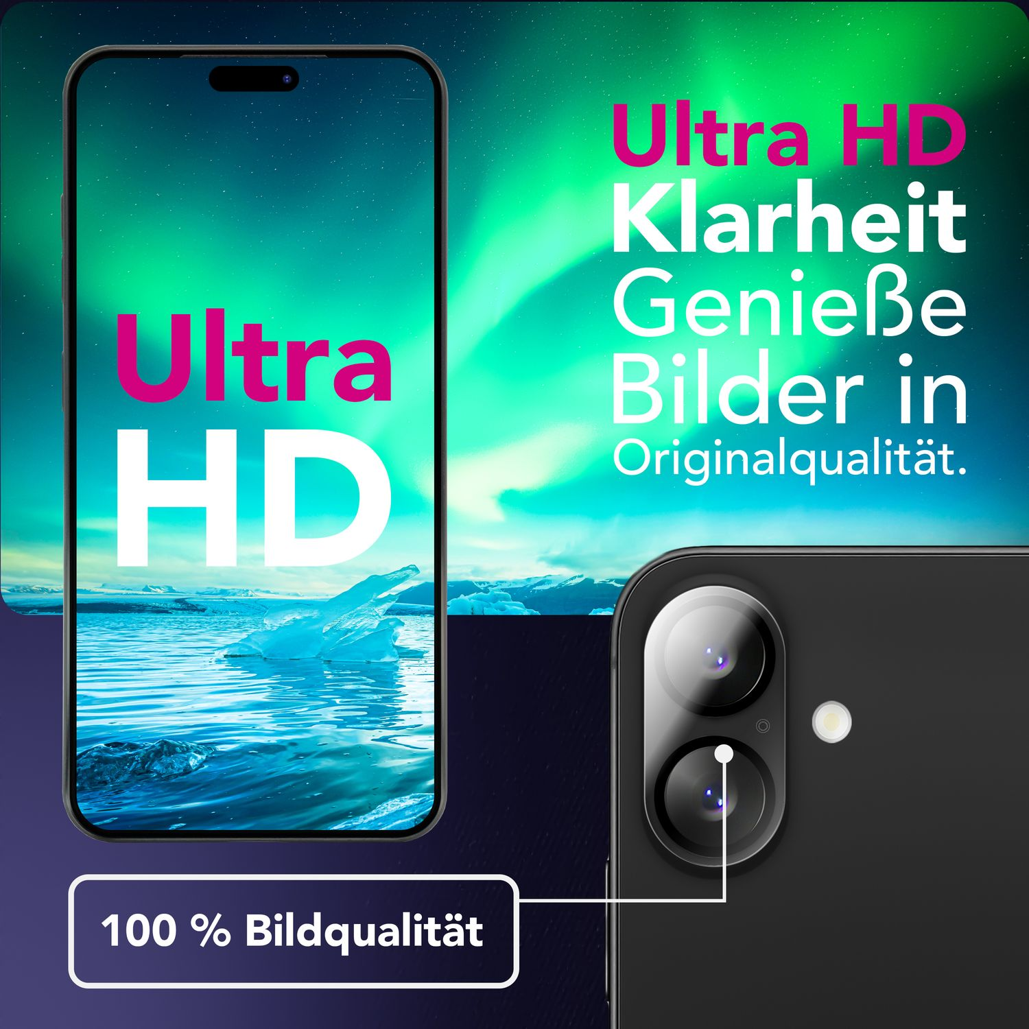Un smartphone affiche une image Ultra HD. Le texte à l'écran indique 'Ultra HD Klarheit Geniesse Bilder in Originalqualität', avec 100% Bildqualität.