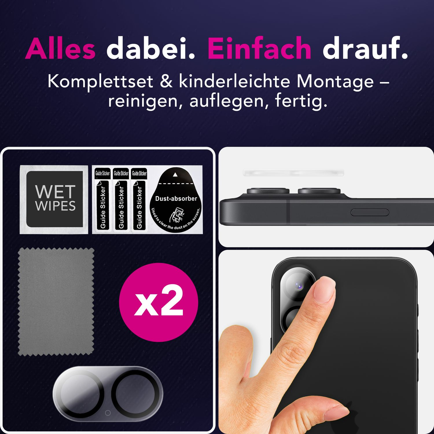 L'image montre un kit de protection d'écran : lingettes, autocollants de guidage, absorbeur de poussière et deux protections, ainsi qu'un téléphone.