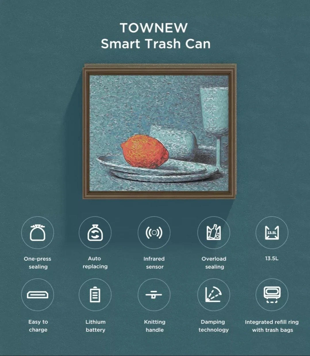 Anuncio de un cubo de basura inteligente. Tiene un cuadro de un limón, vasos y un cuenco. Las características se enumeran a continuación.