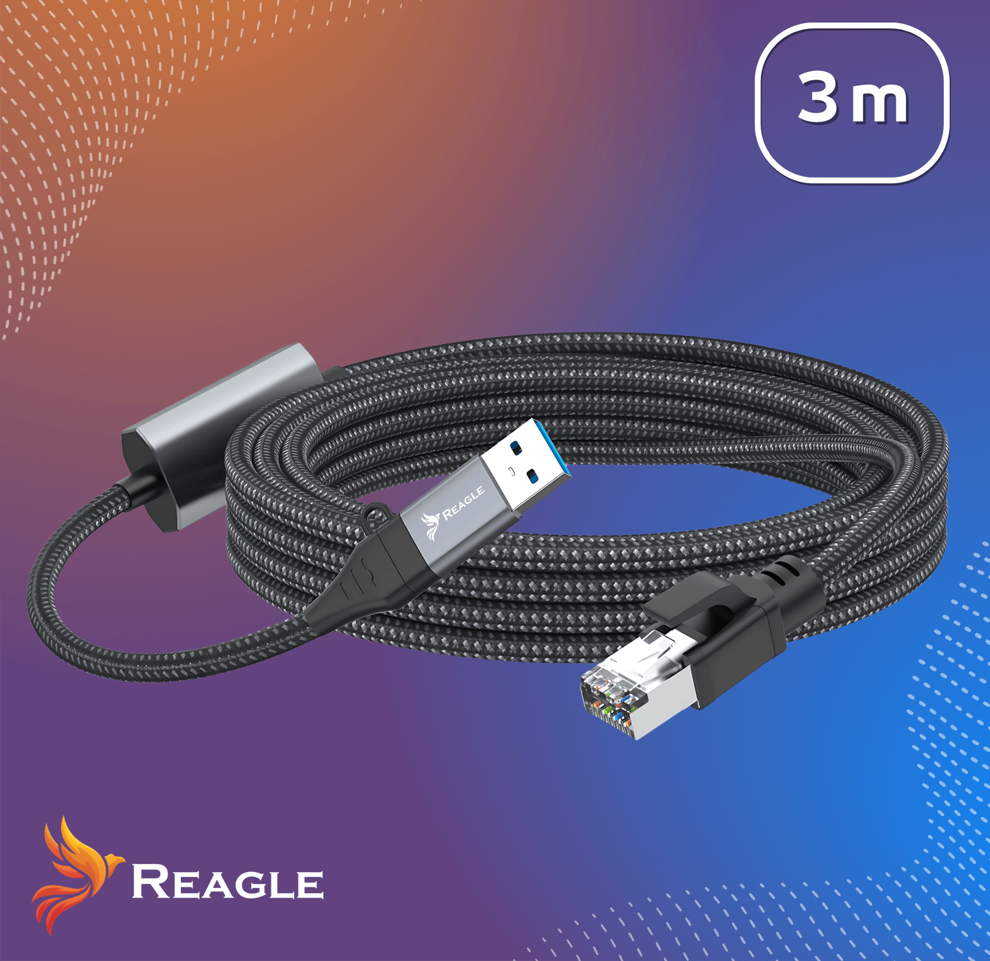 Czarno-szary kabel USB do Ethernet, z etykietą 3m. Logo REAGLE widoczne na dole.
