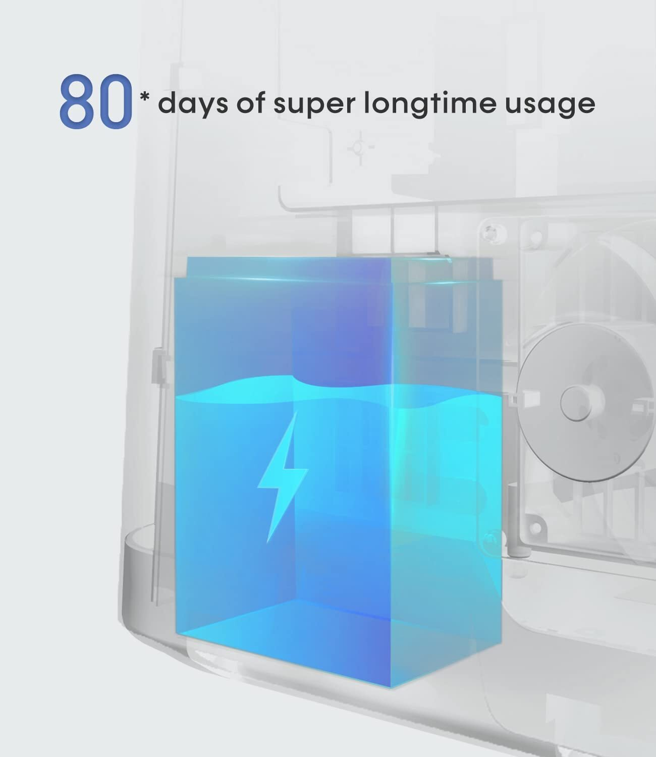 Ilustración de un dispositivo con icono de batería azul translúcido. Texto: 80 días de uso prolongado.