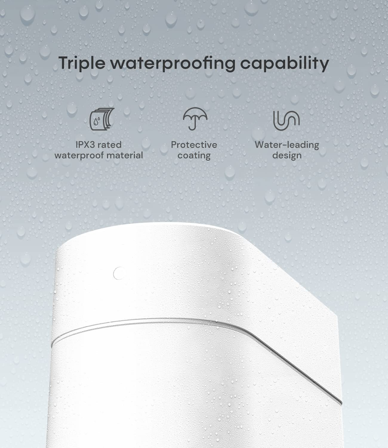 La imagen muestra triple impermeabilidad: material impermeable IPX3, revestimiento protector y diseño de conducción de agua. Objeto blanco con gotas.