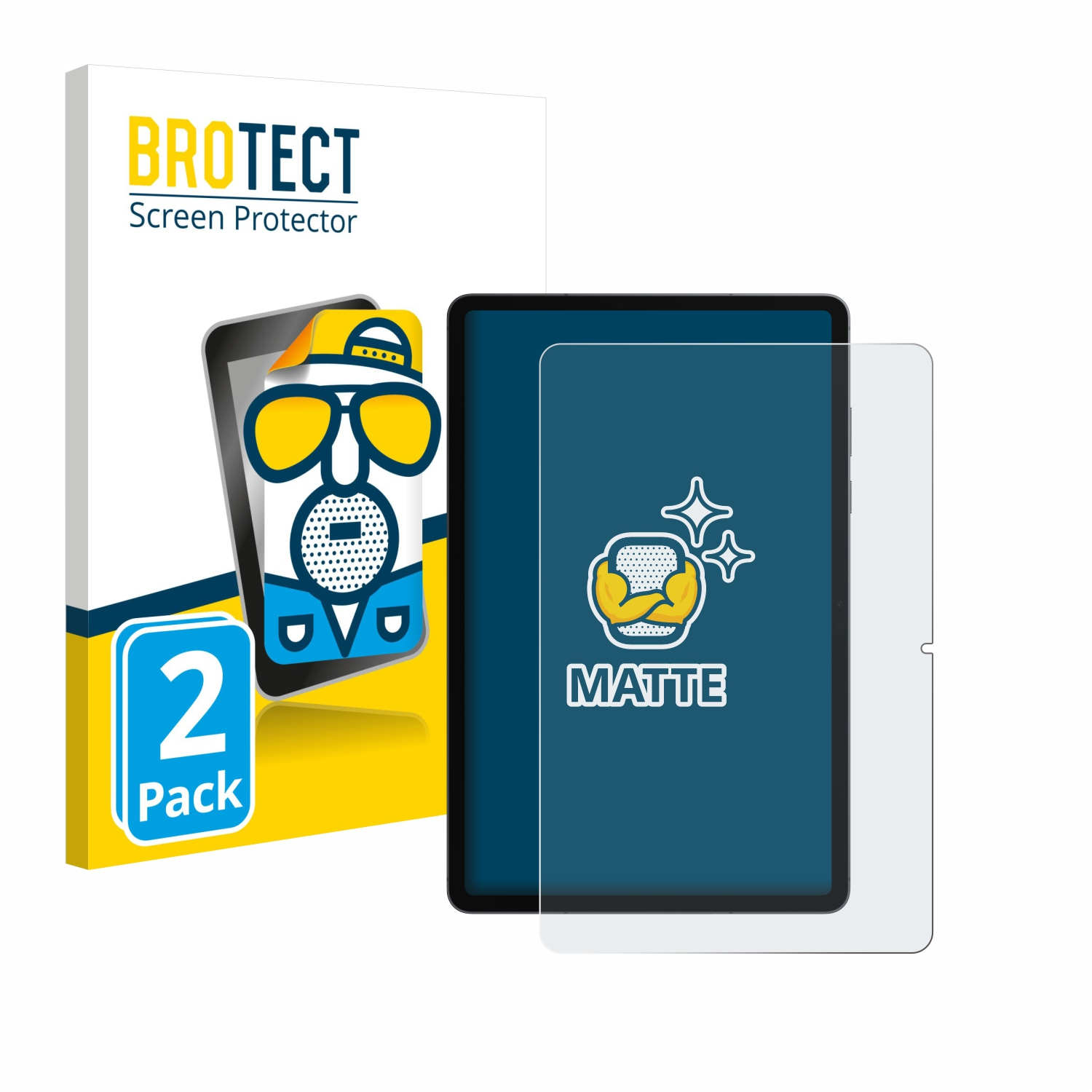 Ein Bildschirmschutz für ein Tablet wird mit seiner Verpackung gezeigt. Die Verpackung hat eine Cartoon-Zeichnung und die Worte 'BROTECT Screen Protector'.