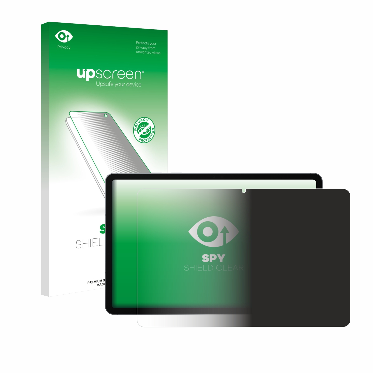 Ein Tablet mit einem Displayschutz für Privatsphäre. Die Verpackung befindet sich im Hintergrund mit dem Markennamen 'upscreen'.