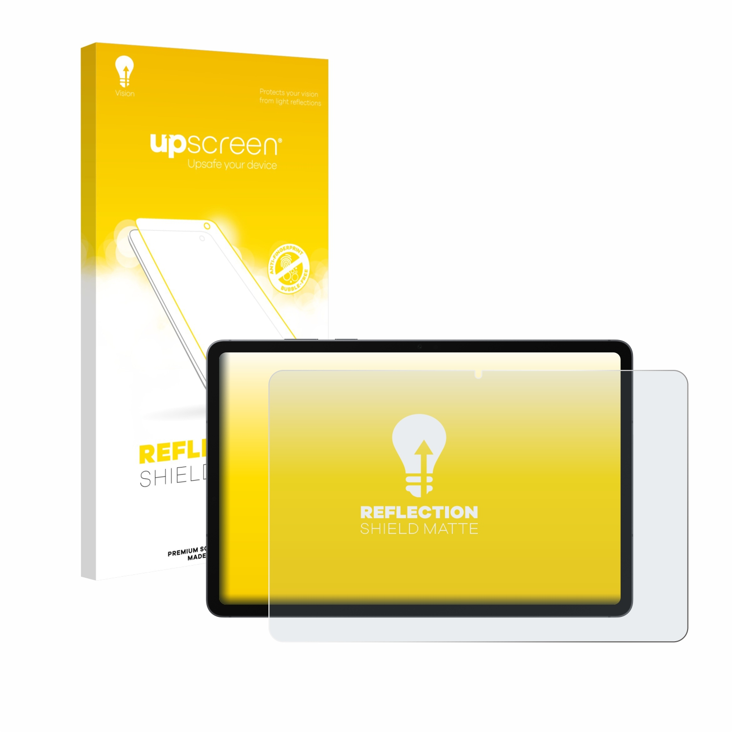 Ein Tablet mit Displayschutzfolie und Verpackung. Die Verpackung ist gelb und weiß, mit Text 'upscreen' und 'reflection shield matte'.