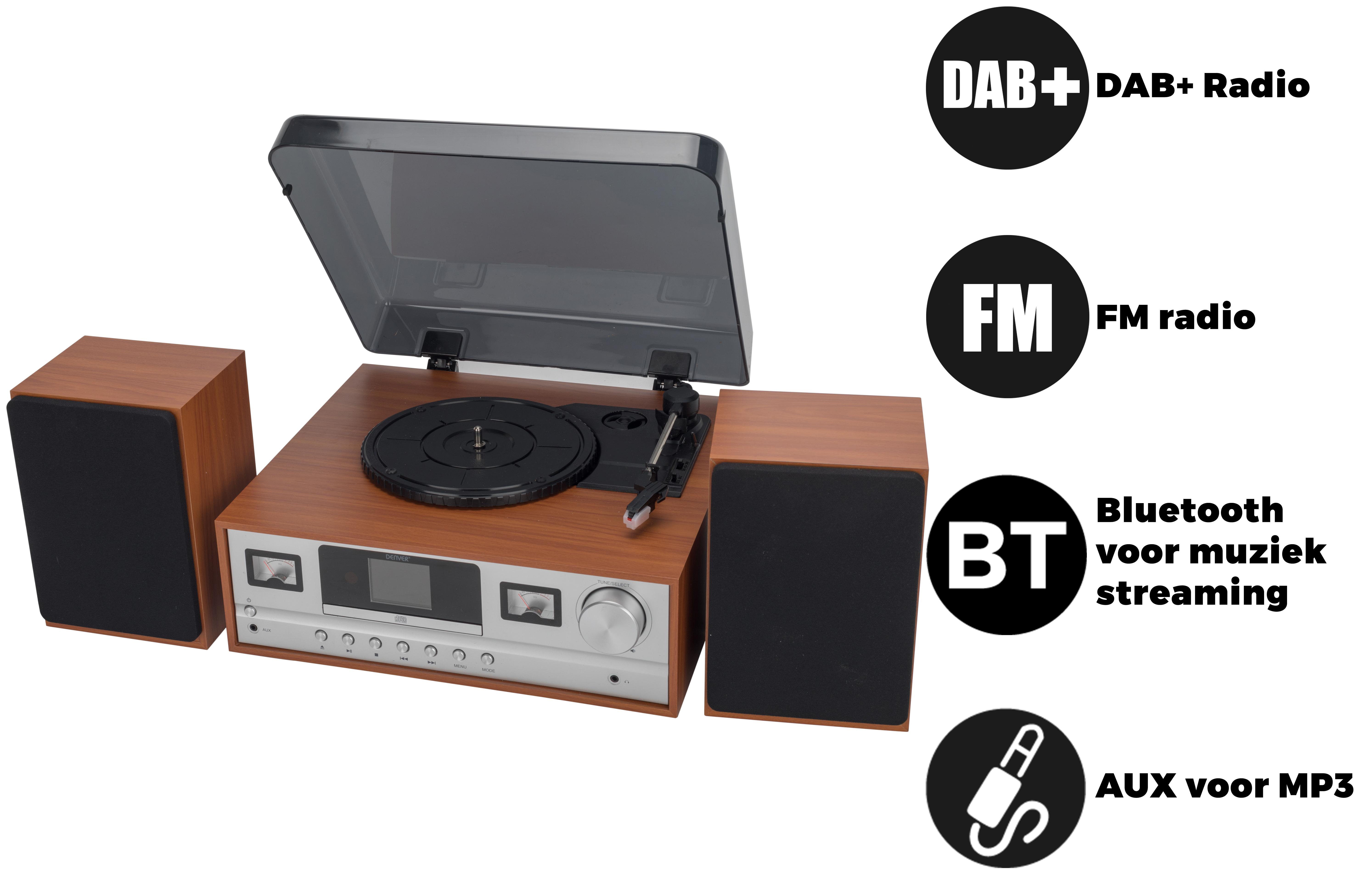 Gramofon z głośnikami. Posiada DAB+, radio FM, Bluetooth i AUX. Drewniane wykończenie.