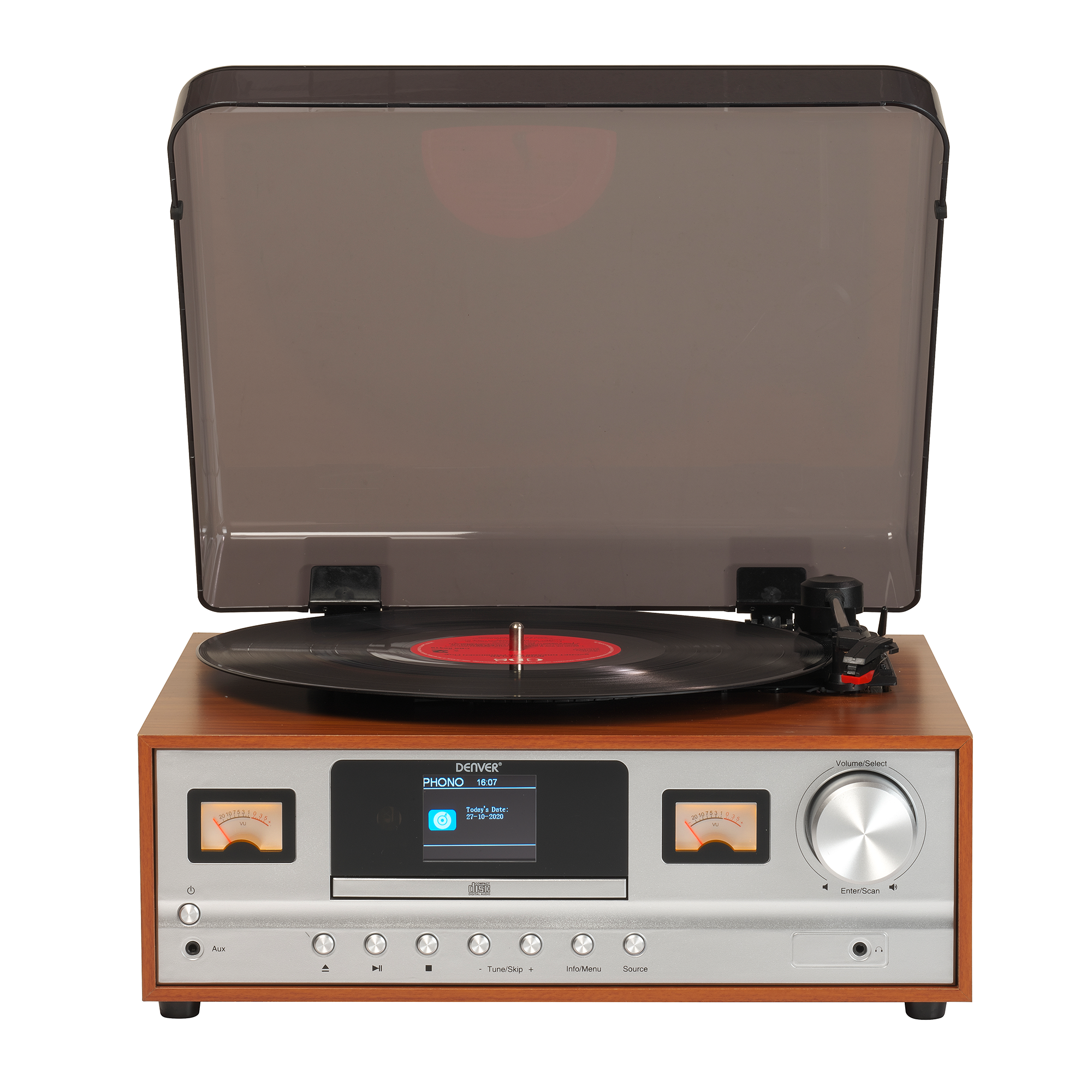 Odtwarzacz płyt z przezroczystą pokrywą na drewnianej i srebrnej podstawie. Czarna płyta na talerzu.