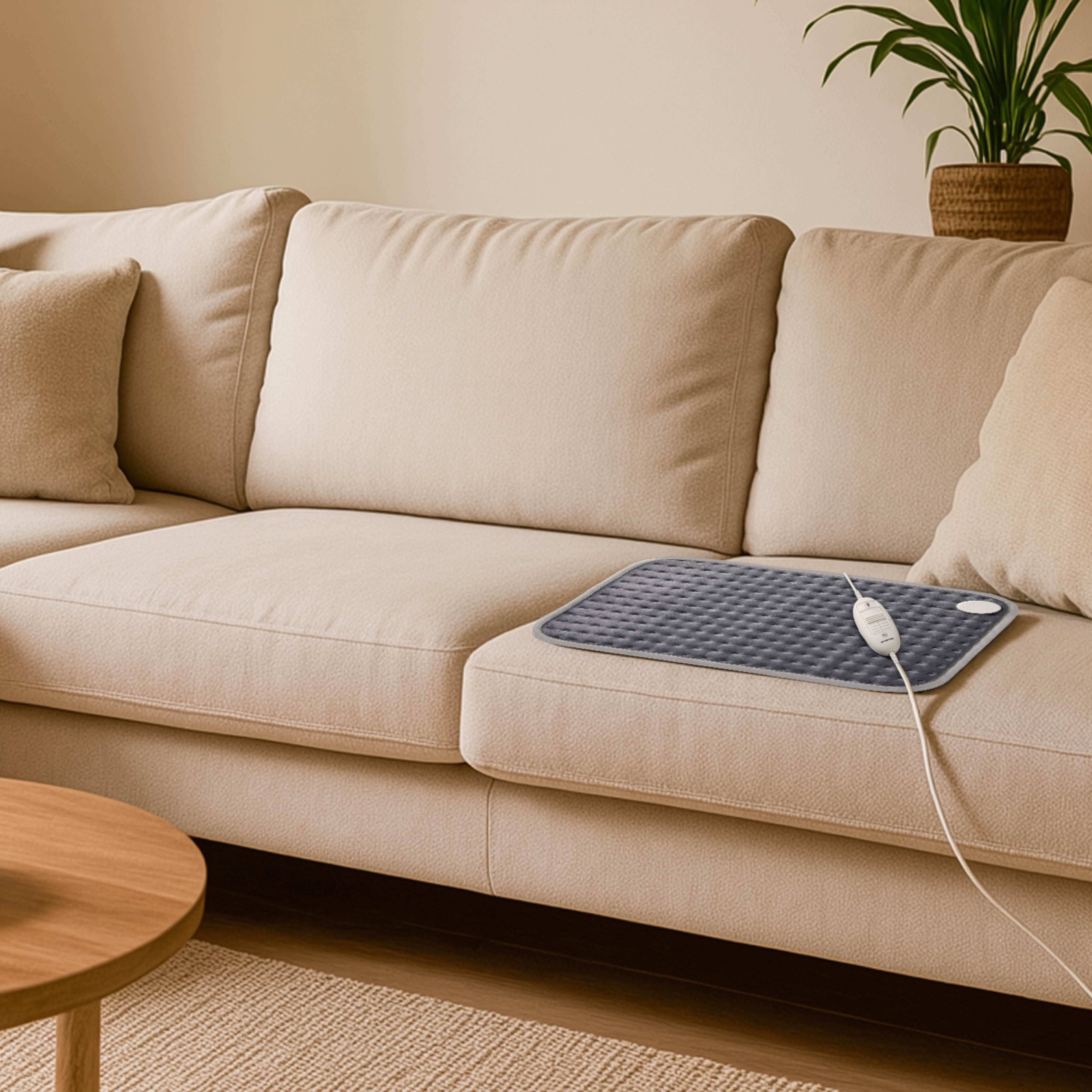 Un coussin chauffant gris est sur un canapé beige. Une plante dans un pot marron est en arrière-plan. Une table en bois est devant.