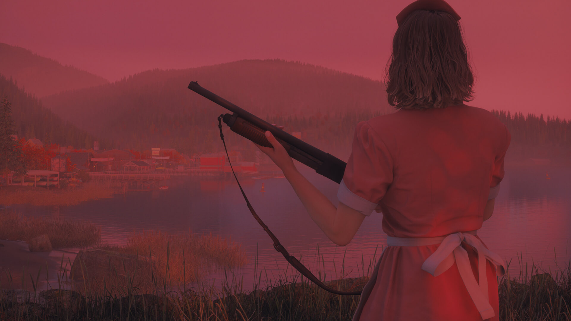 Kobieta w czerwonej sukience trzyma strzelbę, celując w jezioro z miastem w tle. Niebo jest czerwone.