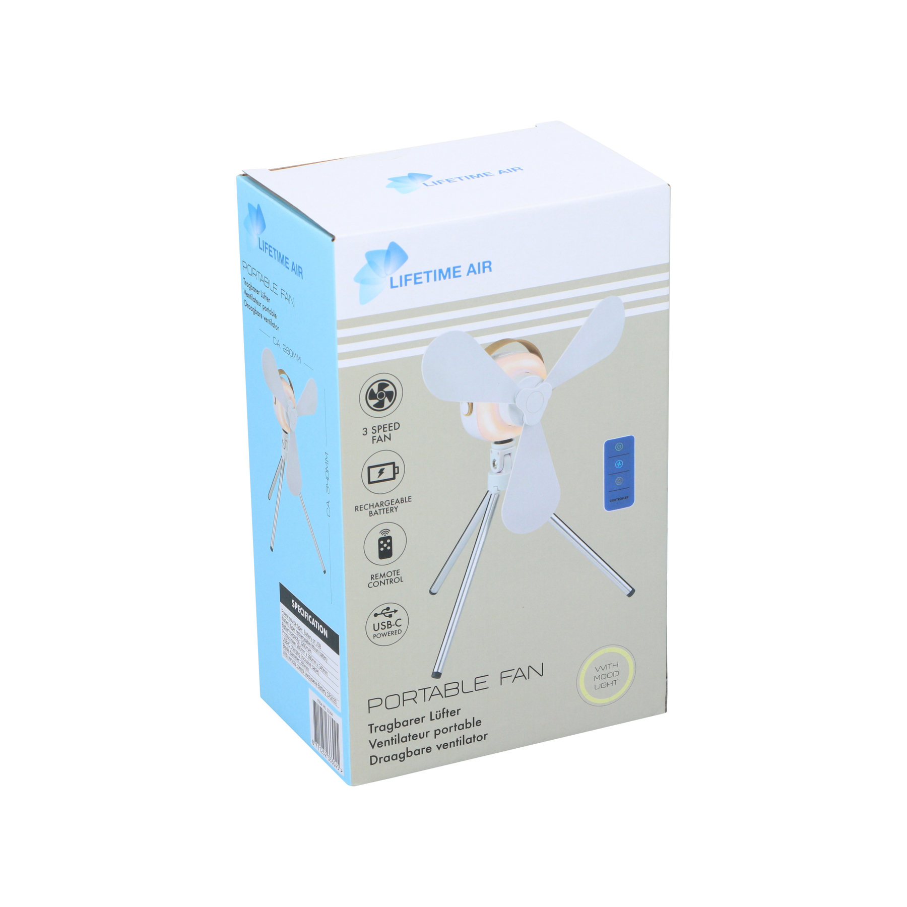 Boîte d'un ventilateur portable avec un ventilateur blanc sur un trépied. Le texte comprend : Ventilateur portable, 3 vitesses, batterie rechargeable.