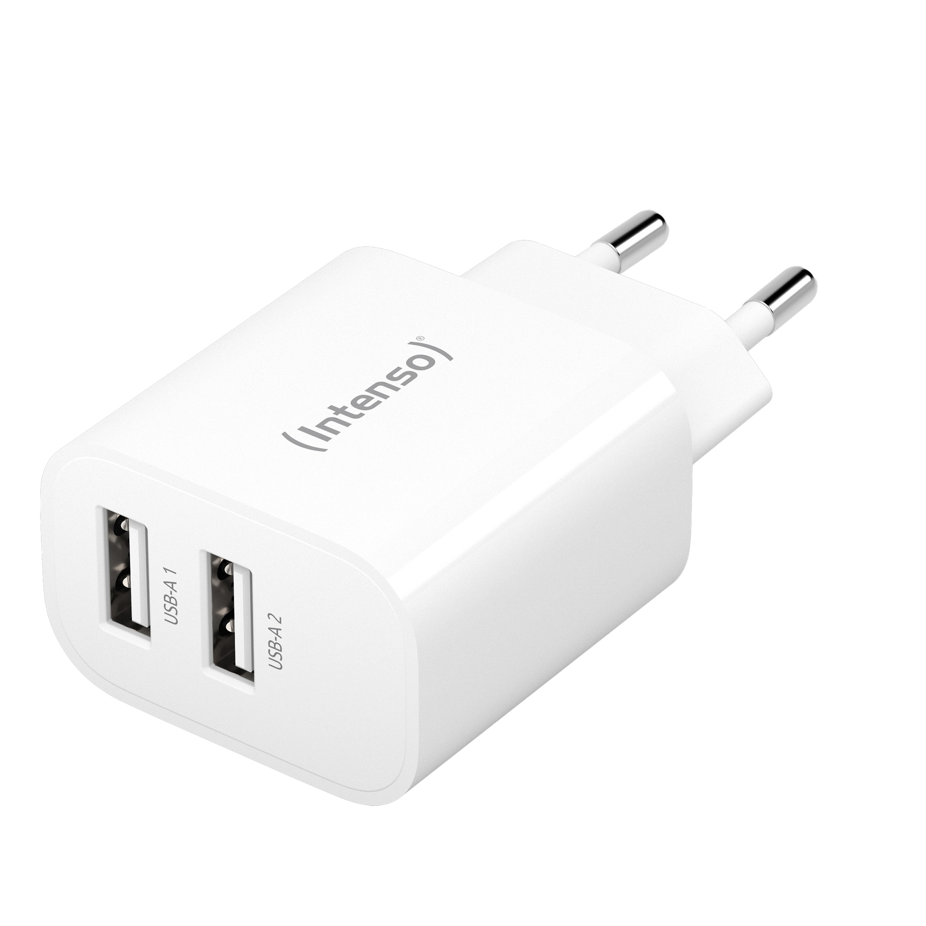 Un caricatore USB Intenso bianco. Ha due porte USB, etichettate USB-A 1 e USB-A 2, e due spine argentate.