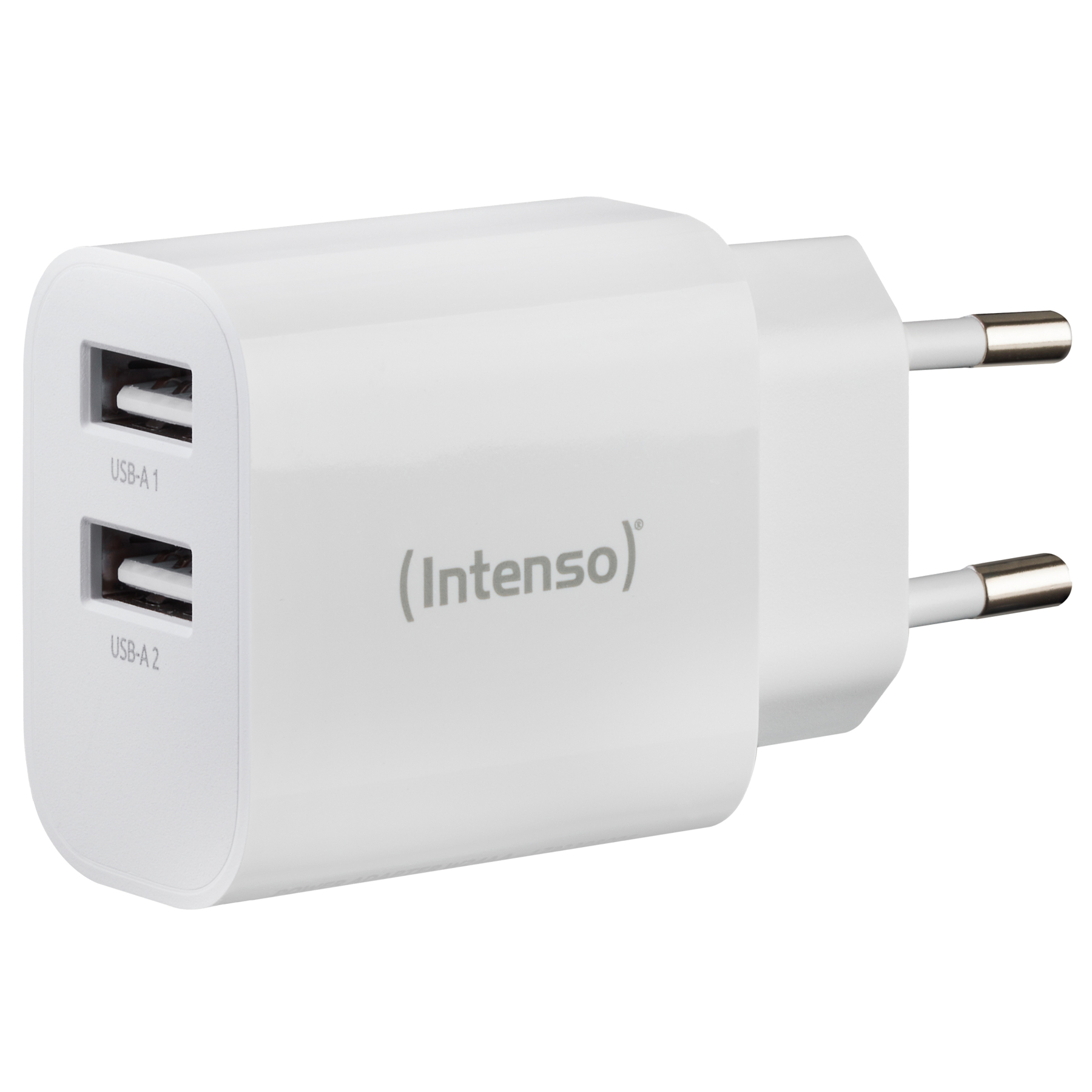 Un caricatore USB Intenso bianco con due porte e una spina a due poli.