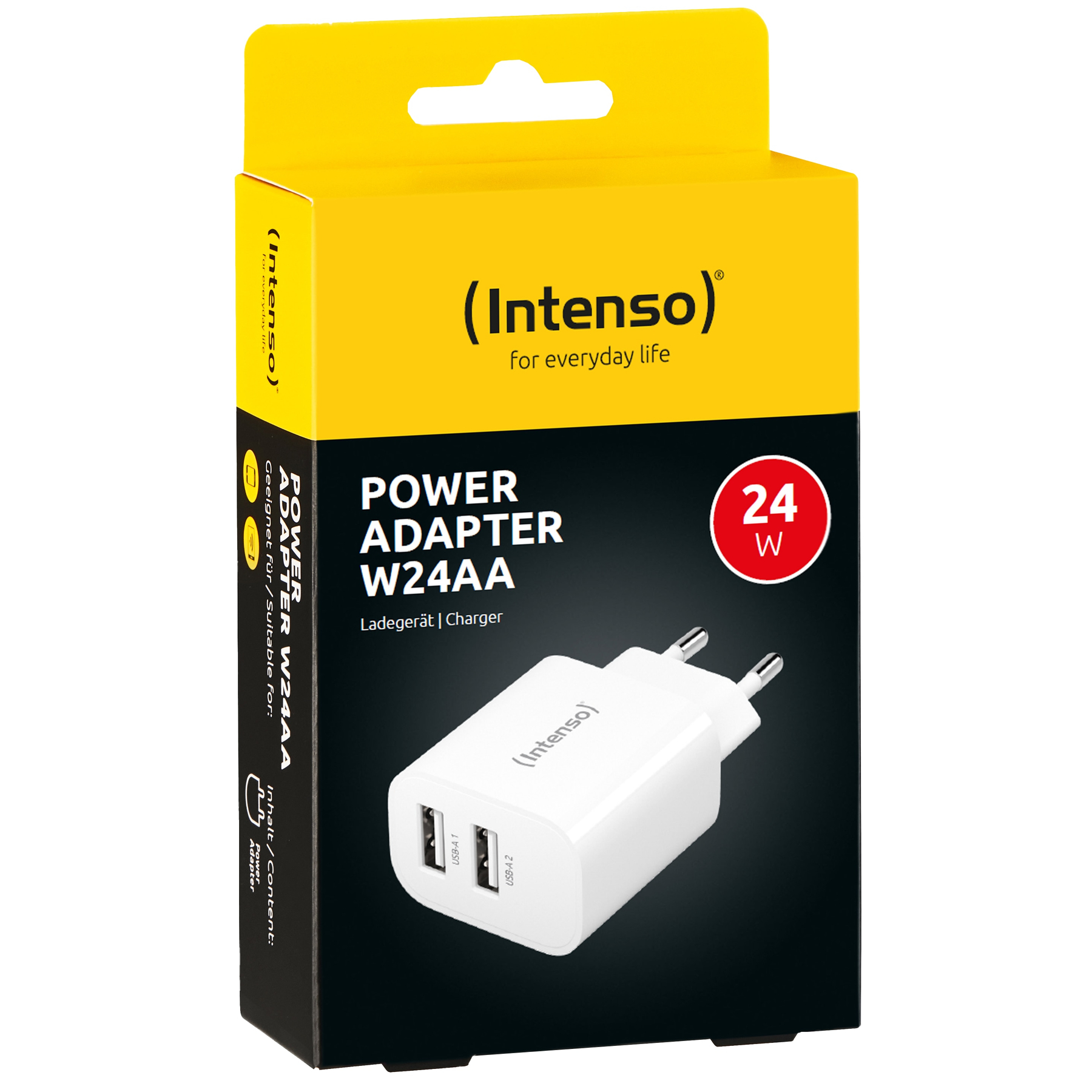 Un adattatore di alimentazione Intenso bianco in una scatola gialla e nera, con la scritta 'POWER ADAPTER W24AA' e '24W'.