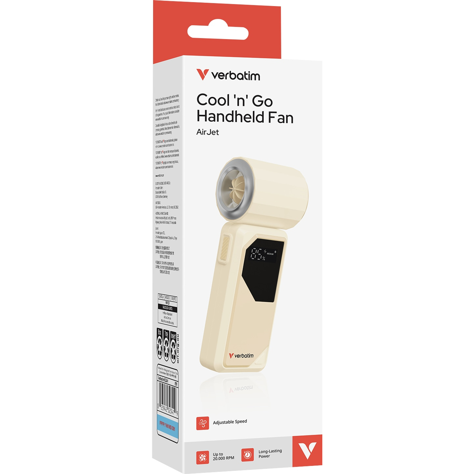Ein beigefarbener Verbatim Cool 'n' Go Handventilator wird gezeigt, der seinen Bildschirm mit '85%' anzeigt. Die Box ist im Hintergrund.