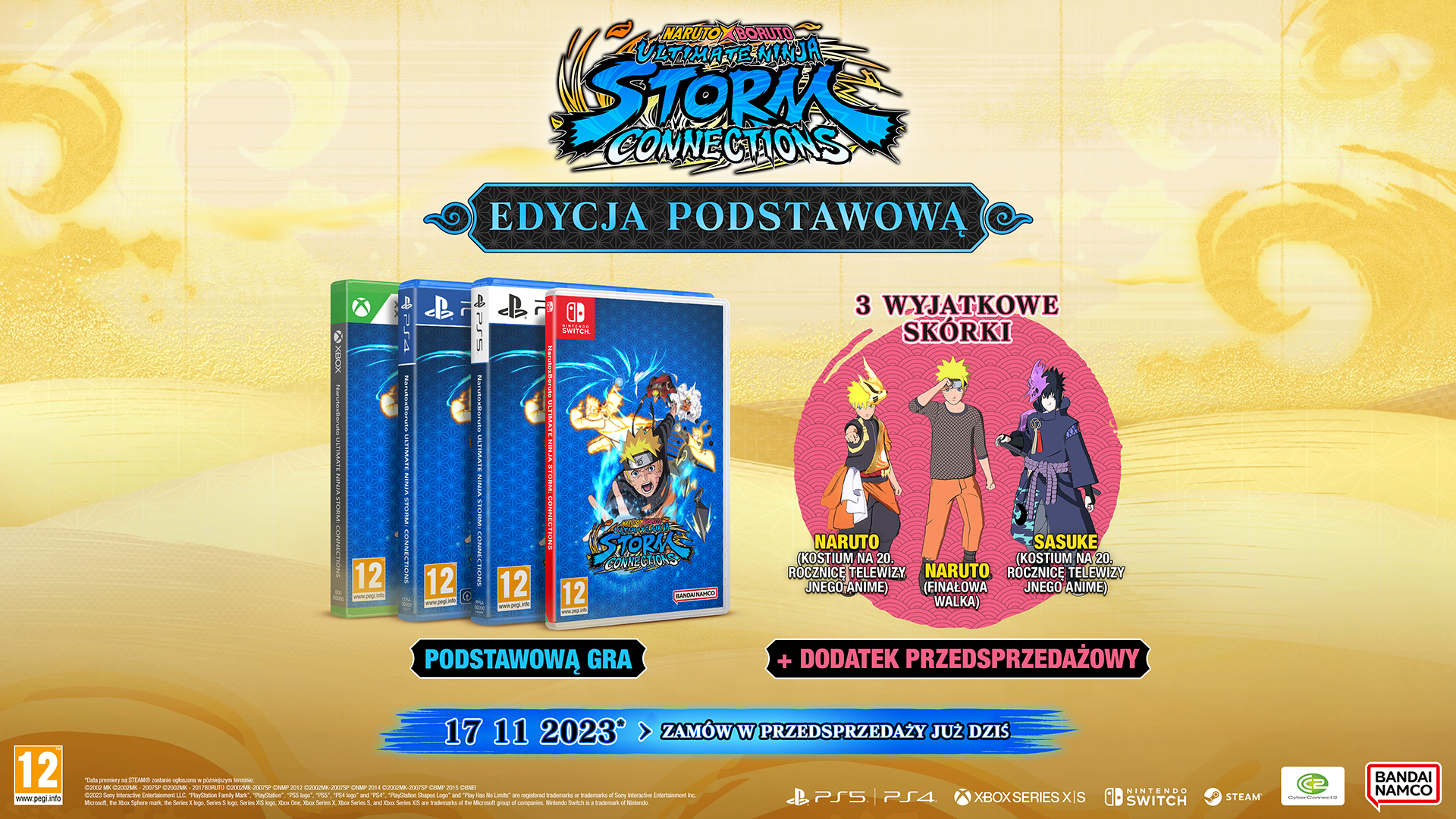 Pudełka gier na Xbox, PS4 i Switch. Zaznaczone są Naruto i Sasuke. Gra to Naruto x Boruto Ultimate Ninja Storm Connections.