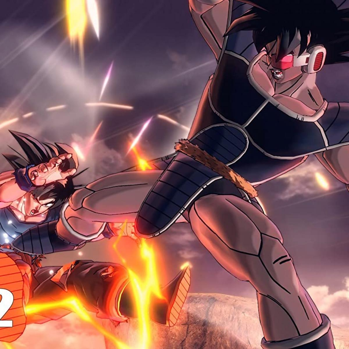 Dwie postacie z anime walczą. Jeden kopie drugiego. Widoczne są wybuchy energii. Ciemne tło z smugami światła.