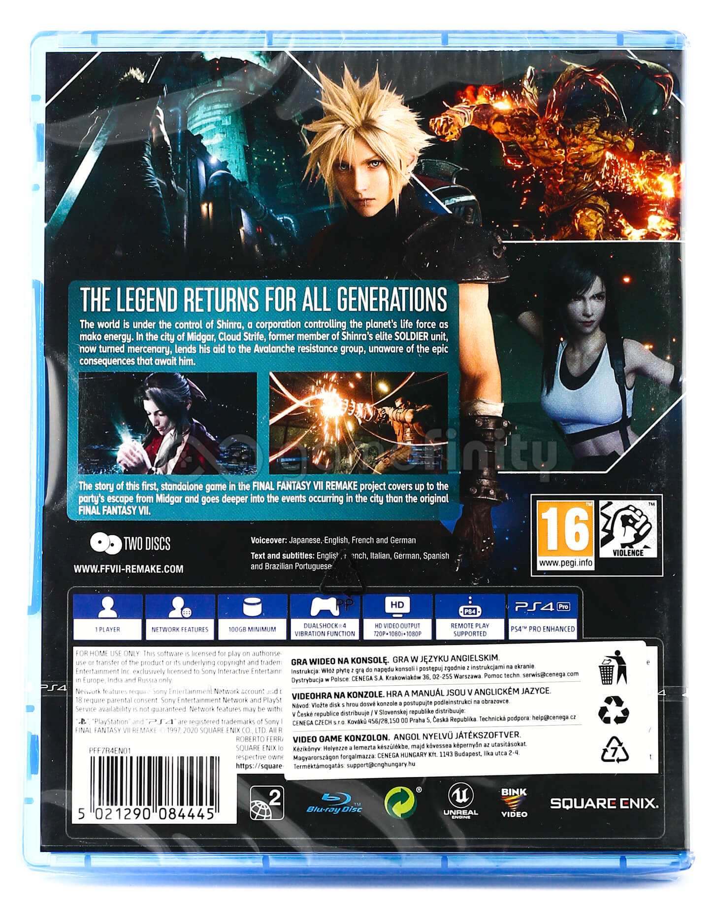 Okładka gry Final Fantasy VII Remake. Przedstawia Cloud Strife z blond włosami. Widoczne teksty i logotypy.