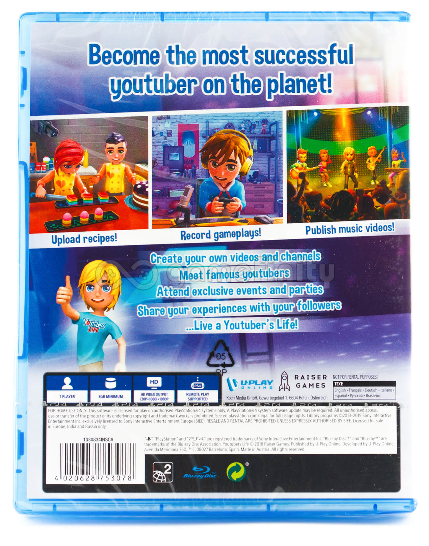 Pudełko z grą ze zdjęciami postaci przesyłających przepisy, grających w gry i publikujących muzykę. Tekst brzmi: 'Zostań najbardziej utytułowanym youtuberem'.