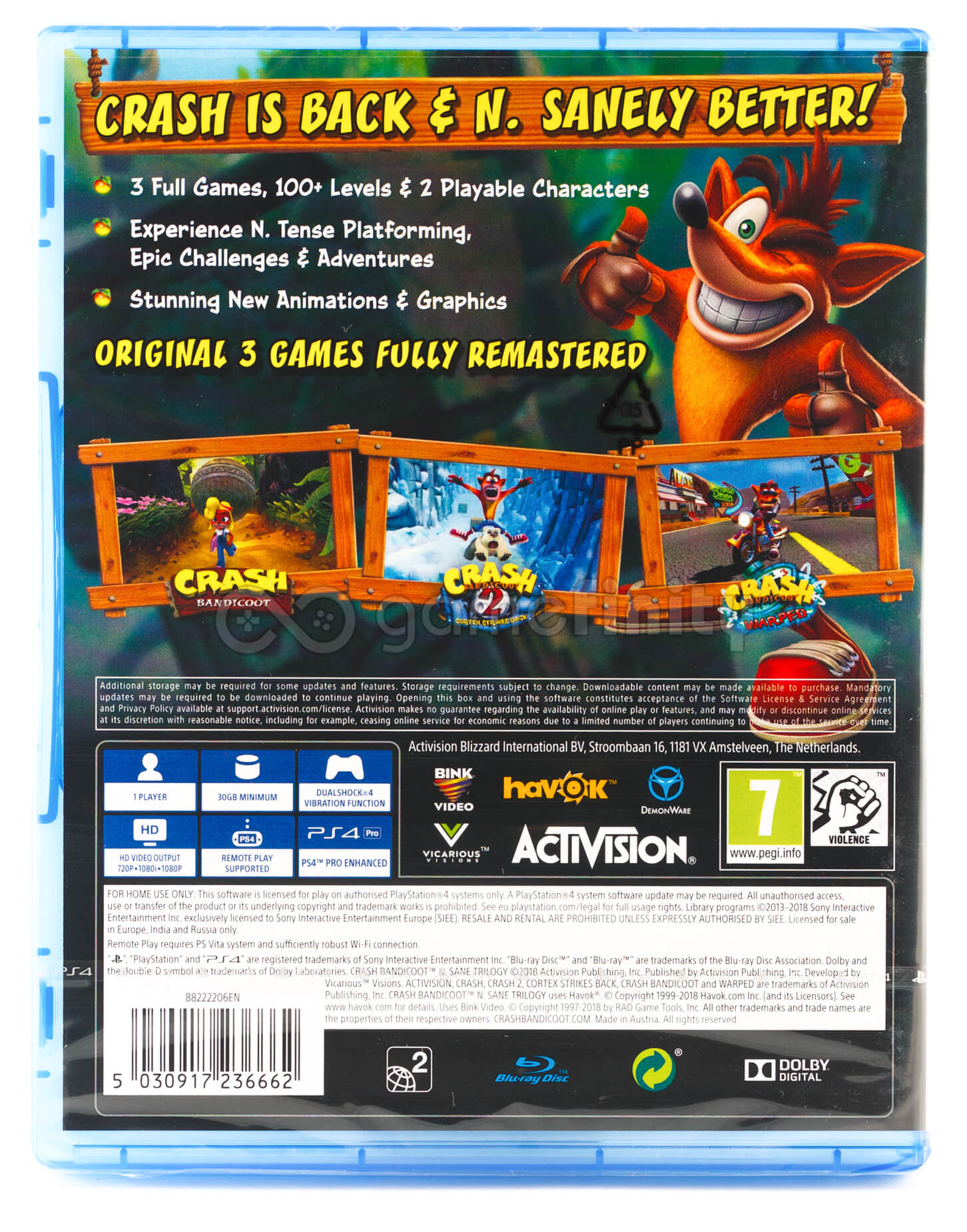 Pudełko gry Crash Bandicoot. Pomarańczowa postać z przodu, szczegóły gry, ocena wiekowa 7.