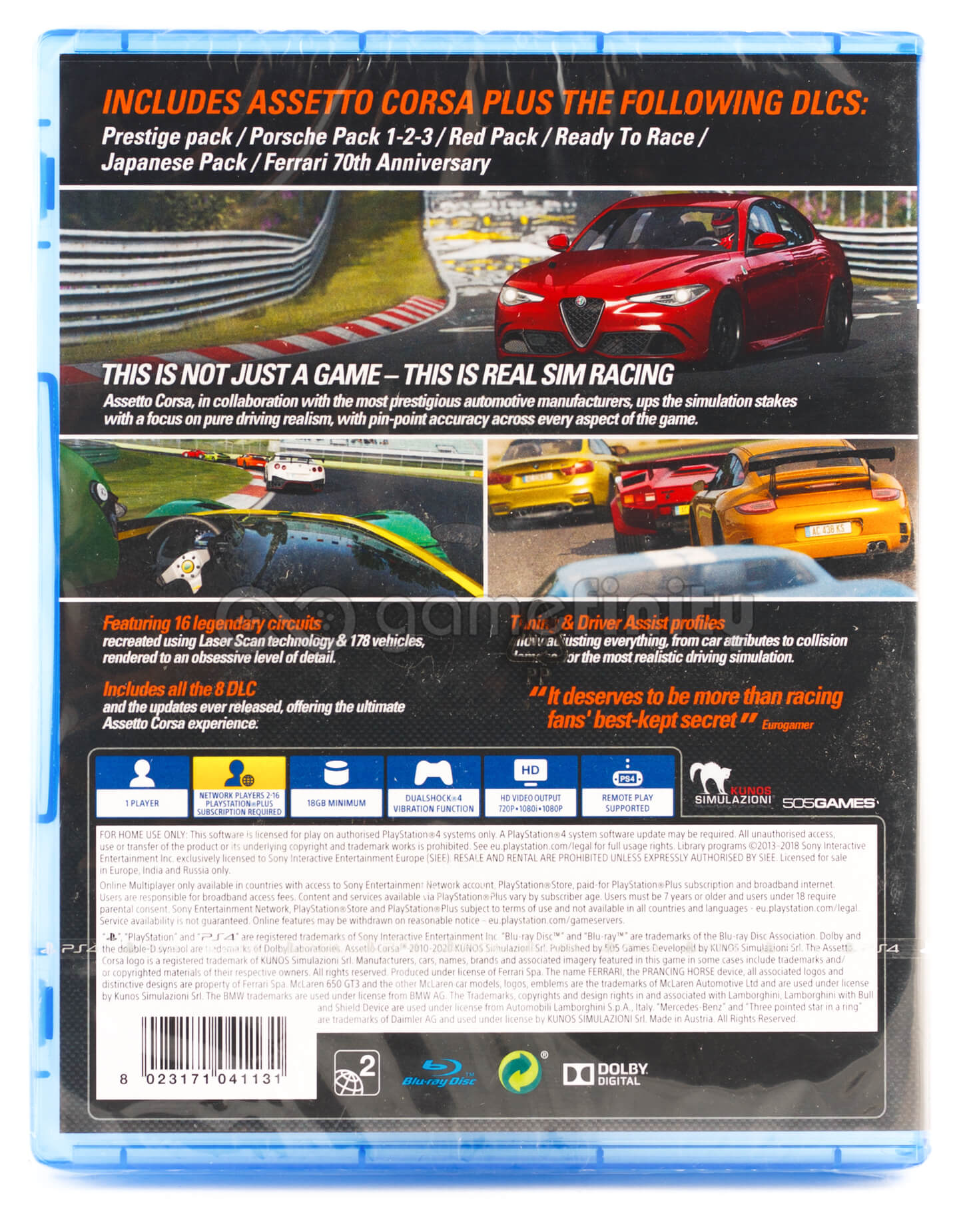 Okładka gry Assetto Corsa Plus. Zawiera czerwony samochód sportowy na torze i szczegóły gry.
