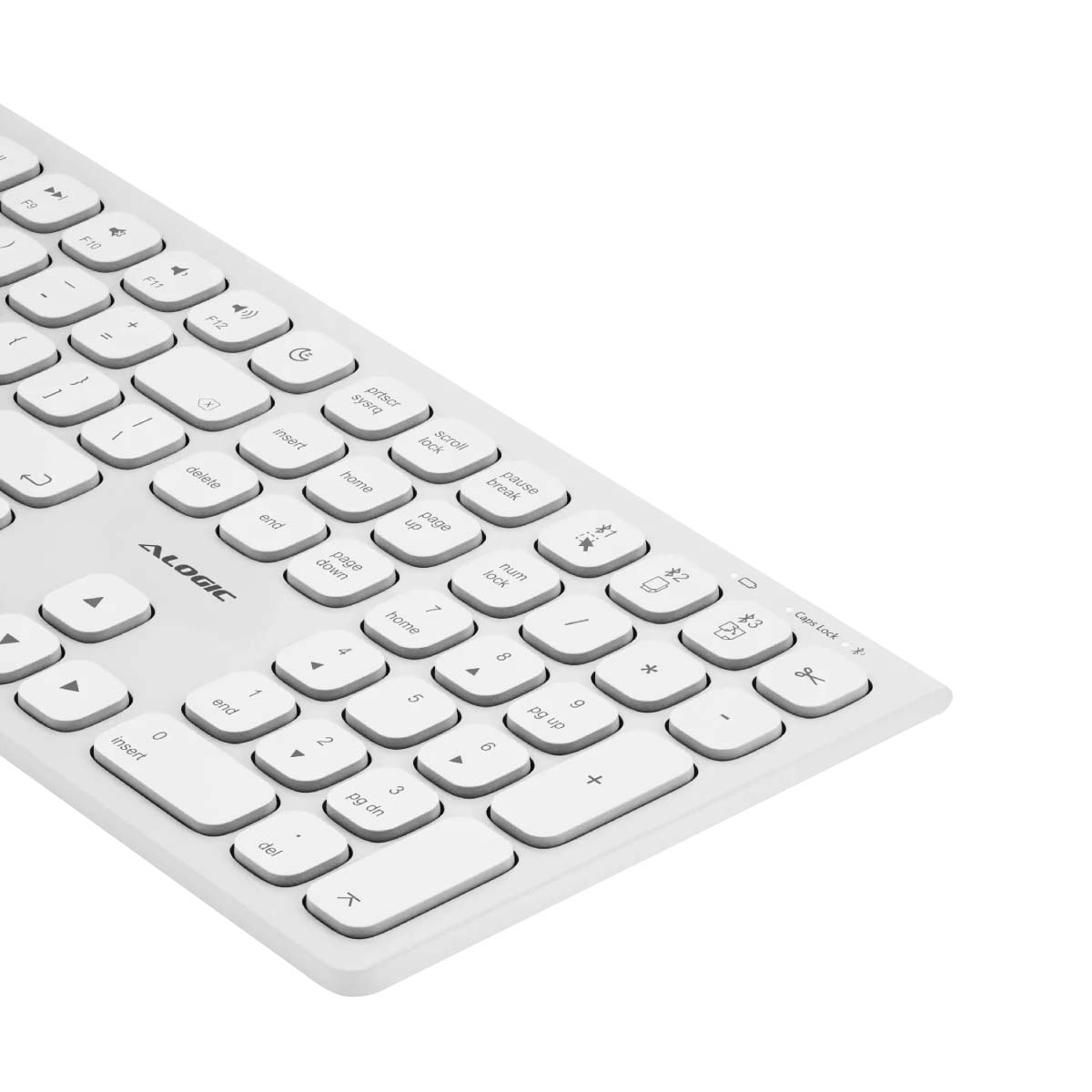 Una tastiera bianca per computer angolata verso destra. I tasti includono numeri, tasti funzione e simboli speciali. Il marchio 'ALOGIC' è visibile.