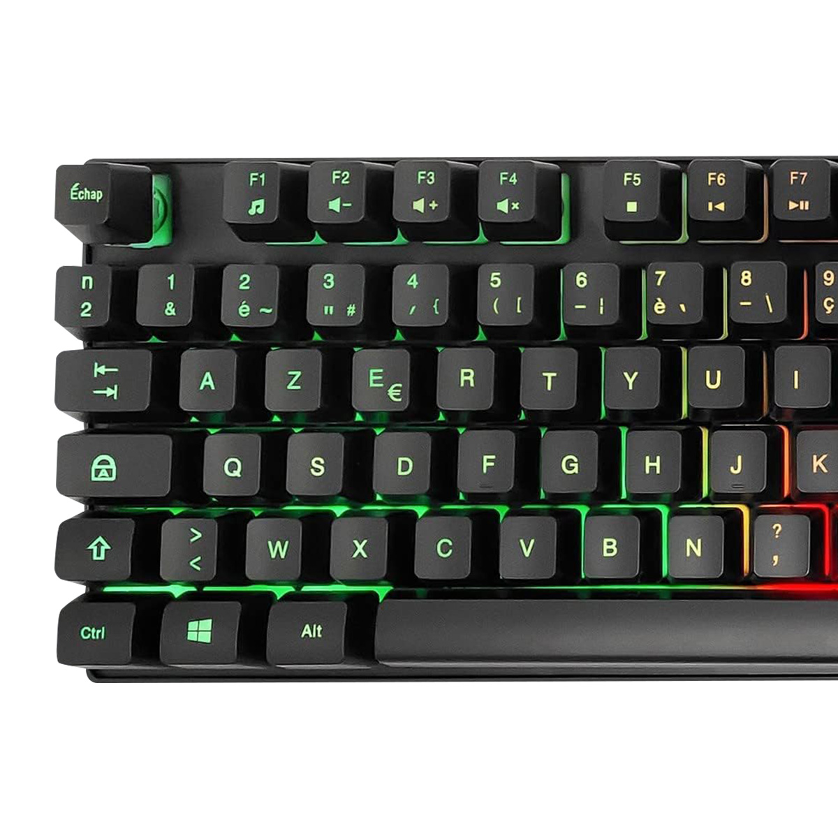 Primer plano de un teclado mecánico negro con retroiluminación verde y roja. Las teclas están etiquetadas con letras y símbolos.