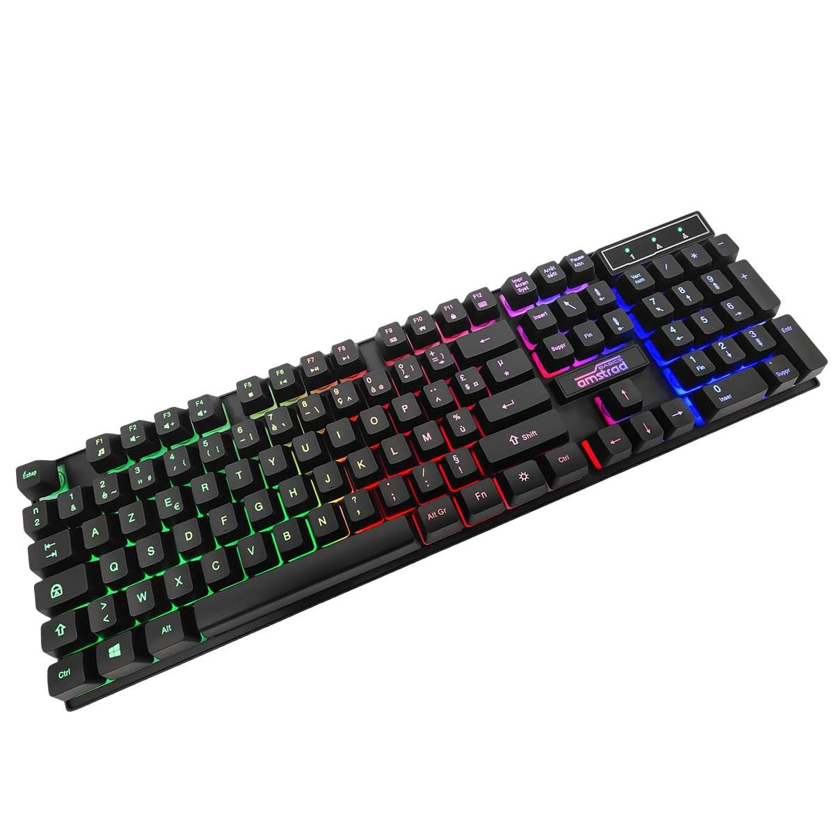 Teclado negro con retroiluminación de color. Teclas muestran letras, números y símbolos. Logotipo 'amstrad basics'.