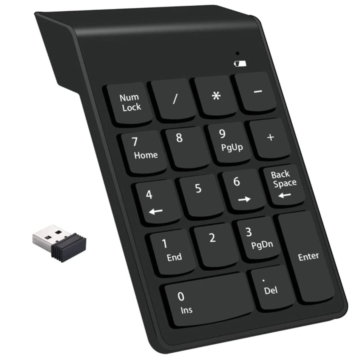 Teclado numérico negro con teclas, incluidos números y símbolos. Hay un pequeño receptor USB al lado.