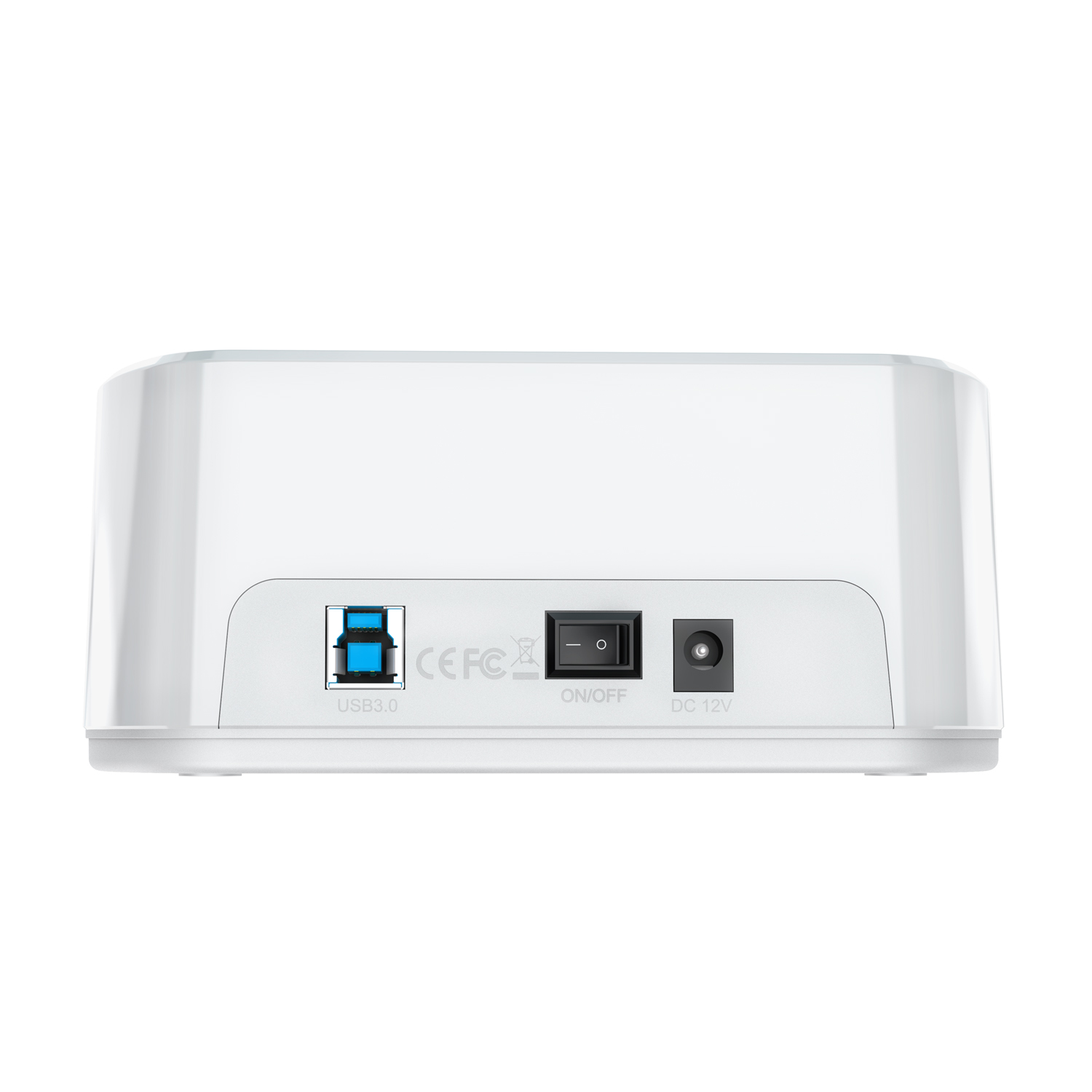 Vista posteriore di un dispositivo bianco con USB 3.0, interruttore on/off e porta DC 12V. Il dispositivo ha un design arrotondato e pulito.