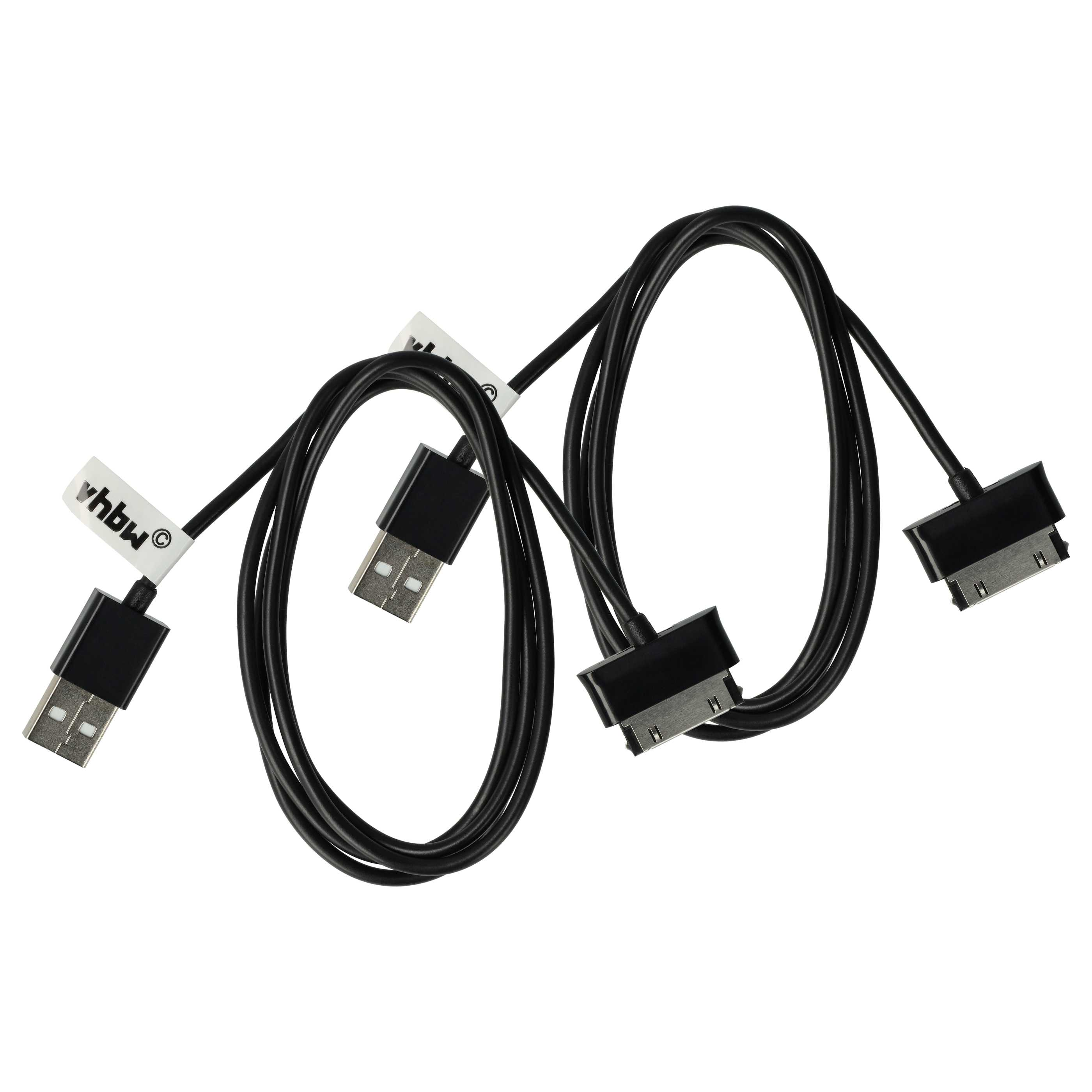 Zwei schwarze USB-Kabel mit Anschlussenden. Jedes Kabel hat einen USB- und einen 30-Pin-Anschluss. Weißer Hintergrund.