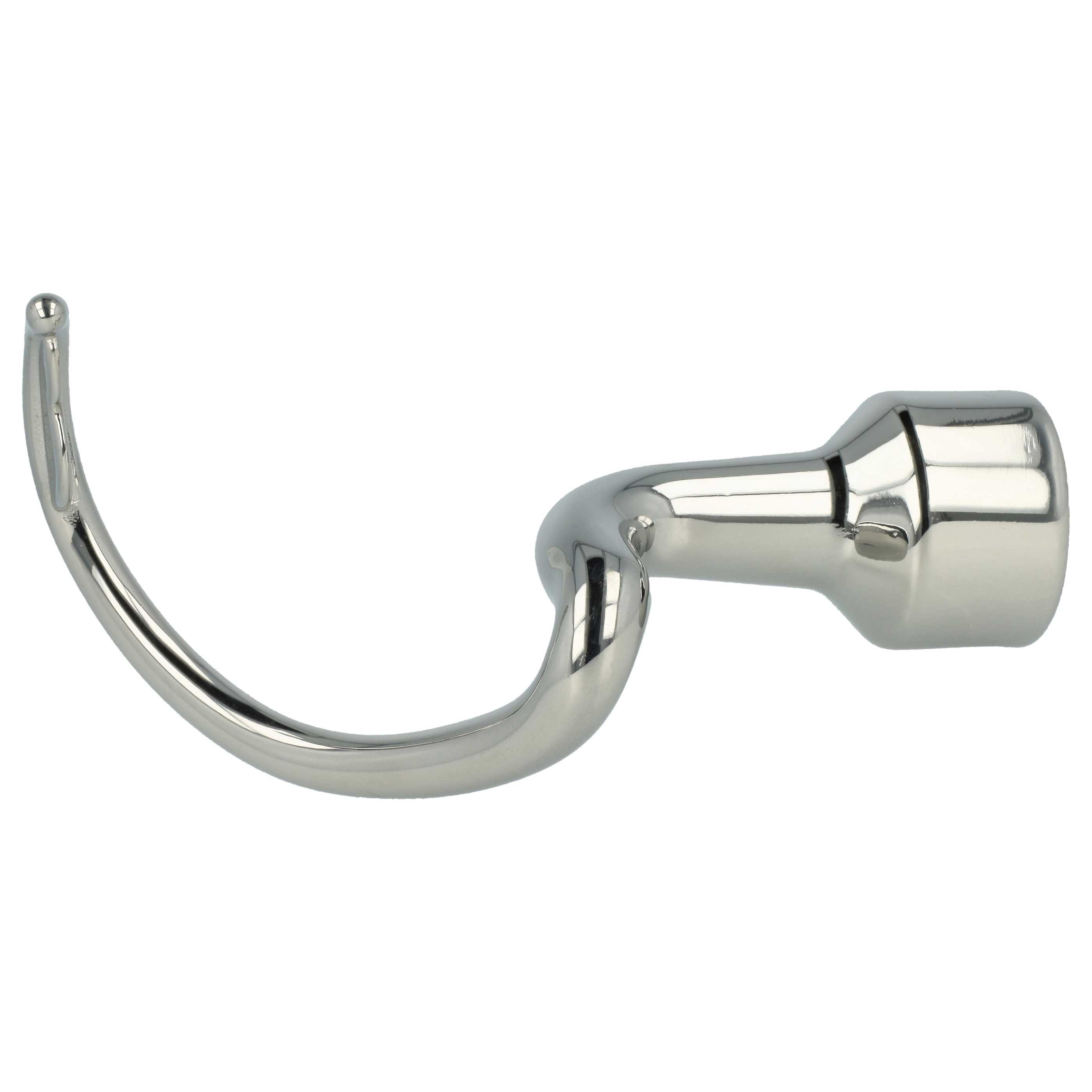 Ein glänzender, metallischer Haken mit einem gebogenen Arm und einem zylindrischen Sockel auf weißem Grund.
