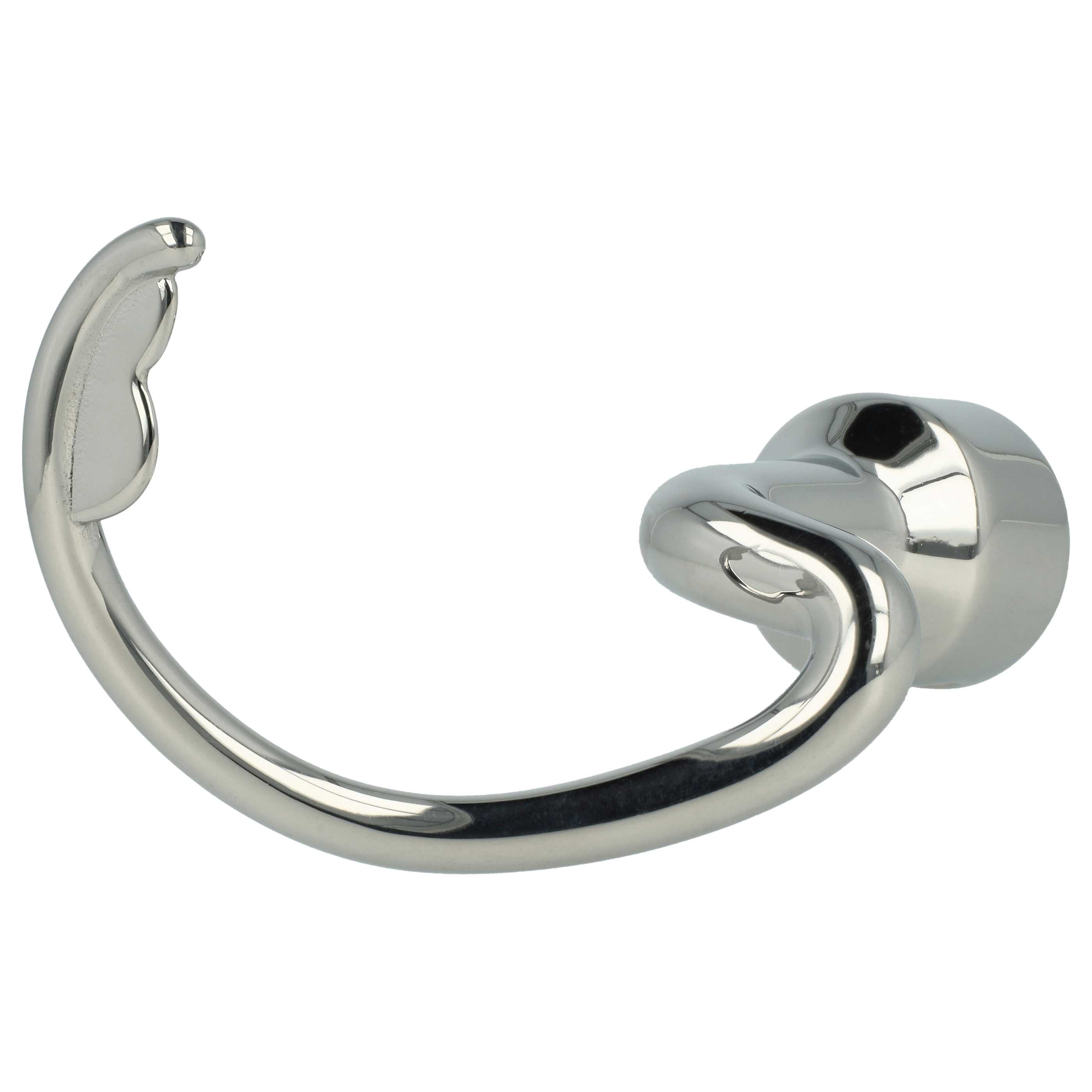 Ein polierter, silberfarbener Metallhaken. Er ist gebogen und hat eine kreisförmige Basis.