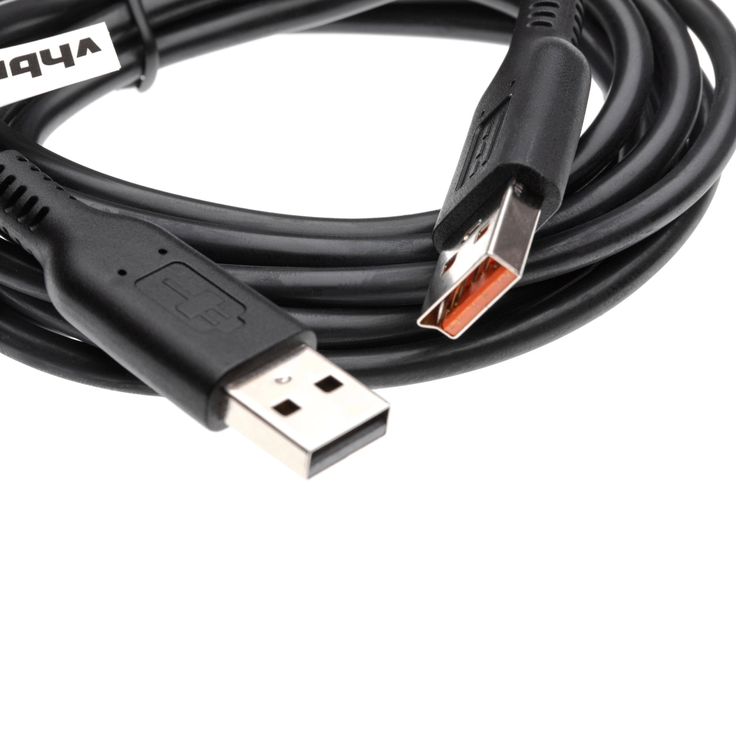 Ein schwarzes USB-Kabel mit silbernen Steckern auf weißem Hintergrund. Das Kabel ist aufgerollt, ein Etikett ist sichtbar.