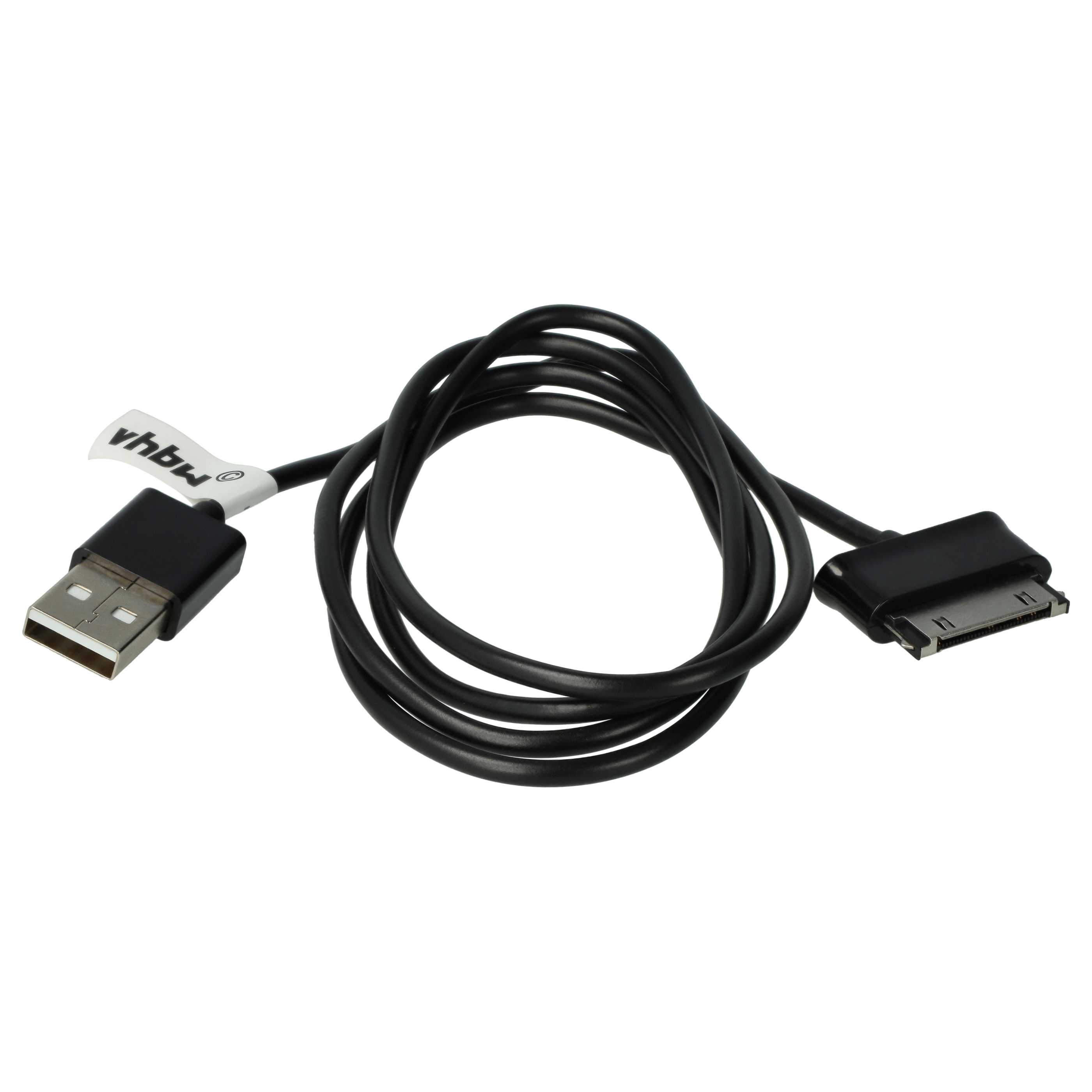 Schwarzes USB-Kabel mit USB-Anschluss und 30-poligem Dock-Anschluss. Ein weißes Etikett mit Text befindet sich am Kabel.