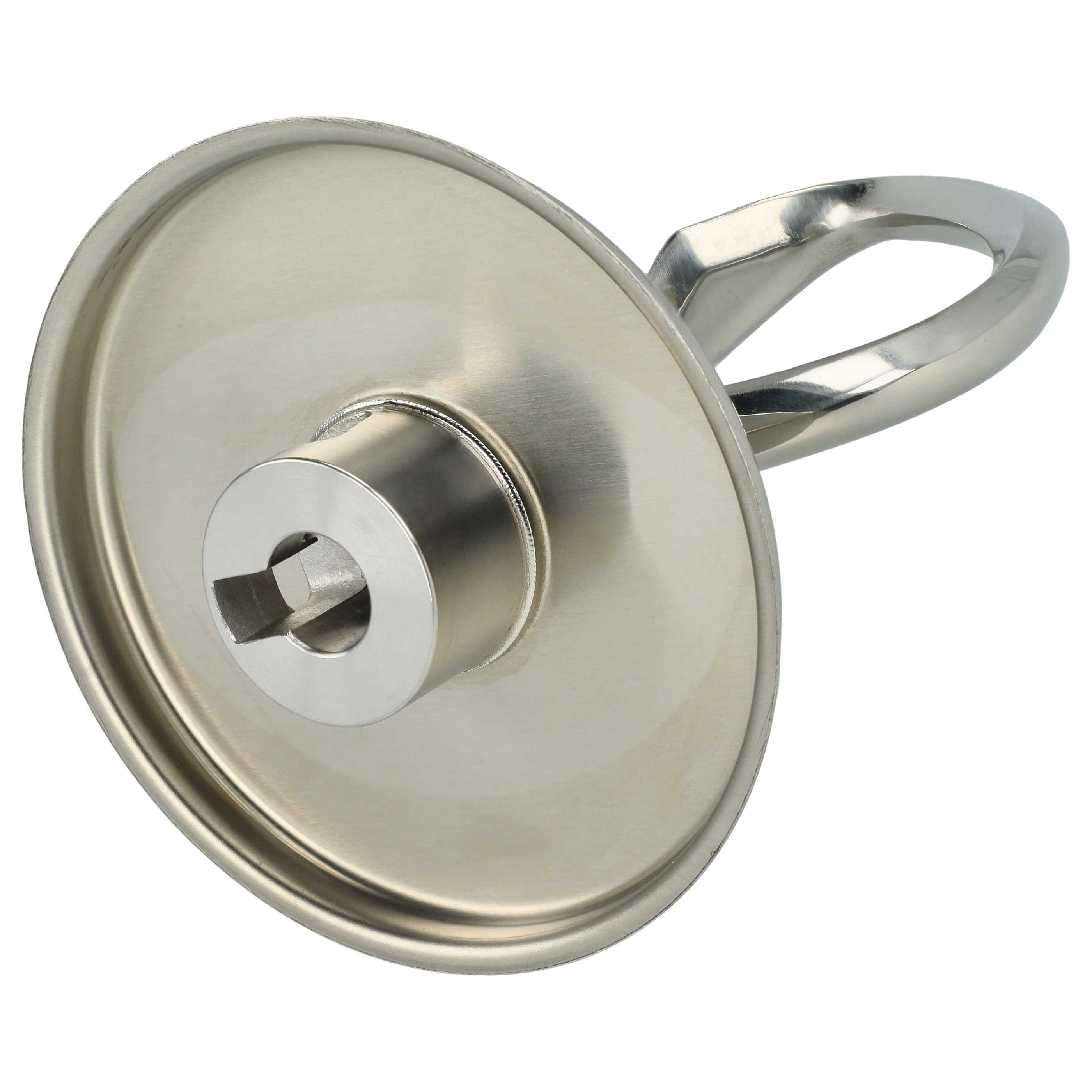 Ein Küchenutensil aus Edelstahl mit rundem Boden und gebogenem Griff. Es ist auf weißem Hintergrund isoliert.