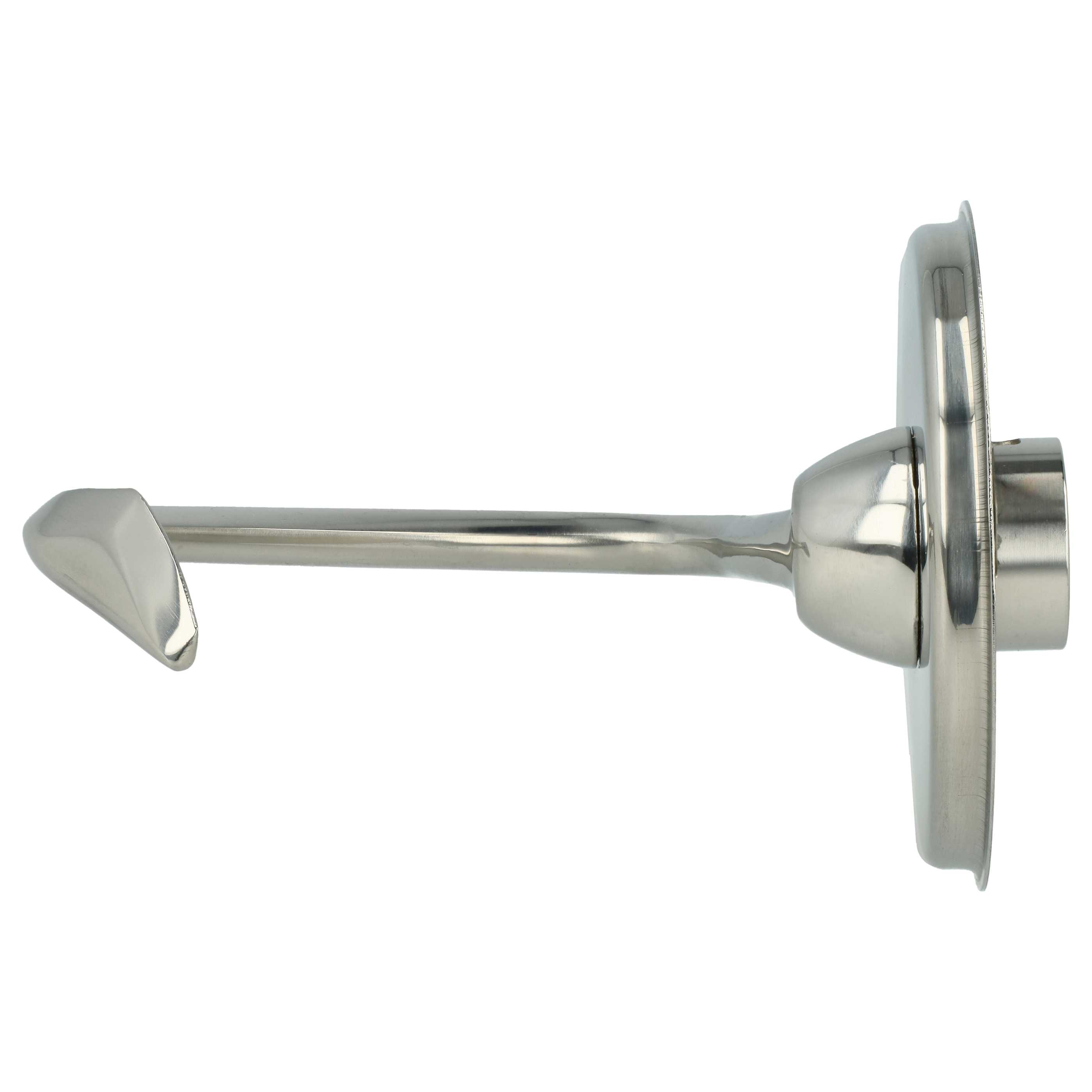Ein Metallhahnhebel mit gebogenem Hebel, rundem Sockel und zylindrischem Ende auf weißem Hintergrund.