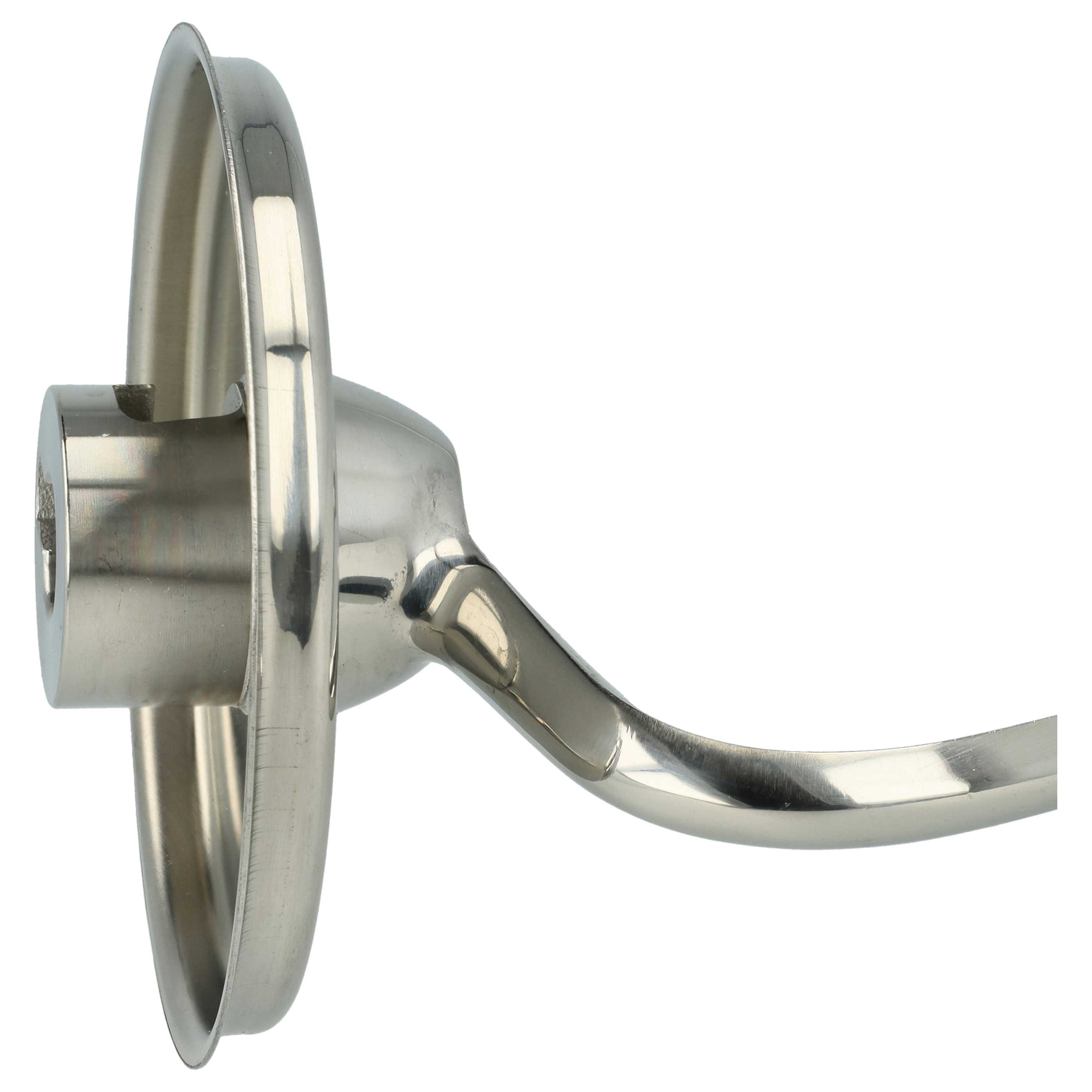 Ein glänzender, metallischer Türgriff. Er hat eine kreisförmige Platte und einen gebogenen Hebel.