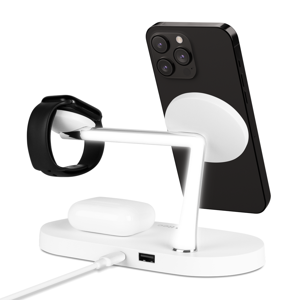 TTEC AirCharger Quattro M MagSafe iPhone + Apple Watch + AirPods LED Aydınlatma Kablosuz Şarj Standı Beyaz