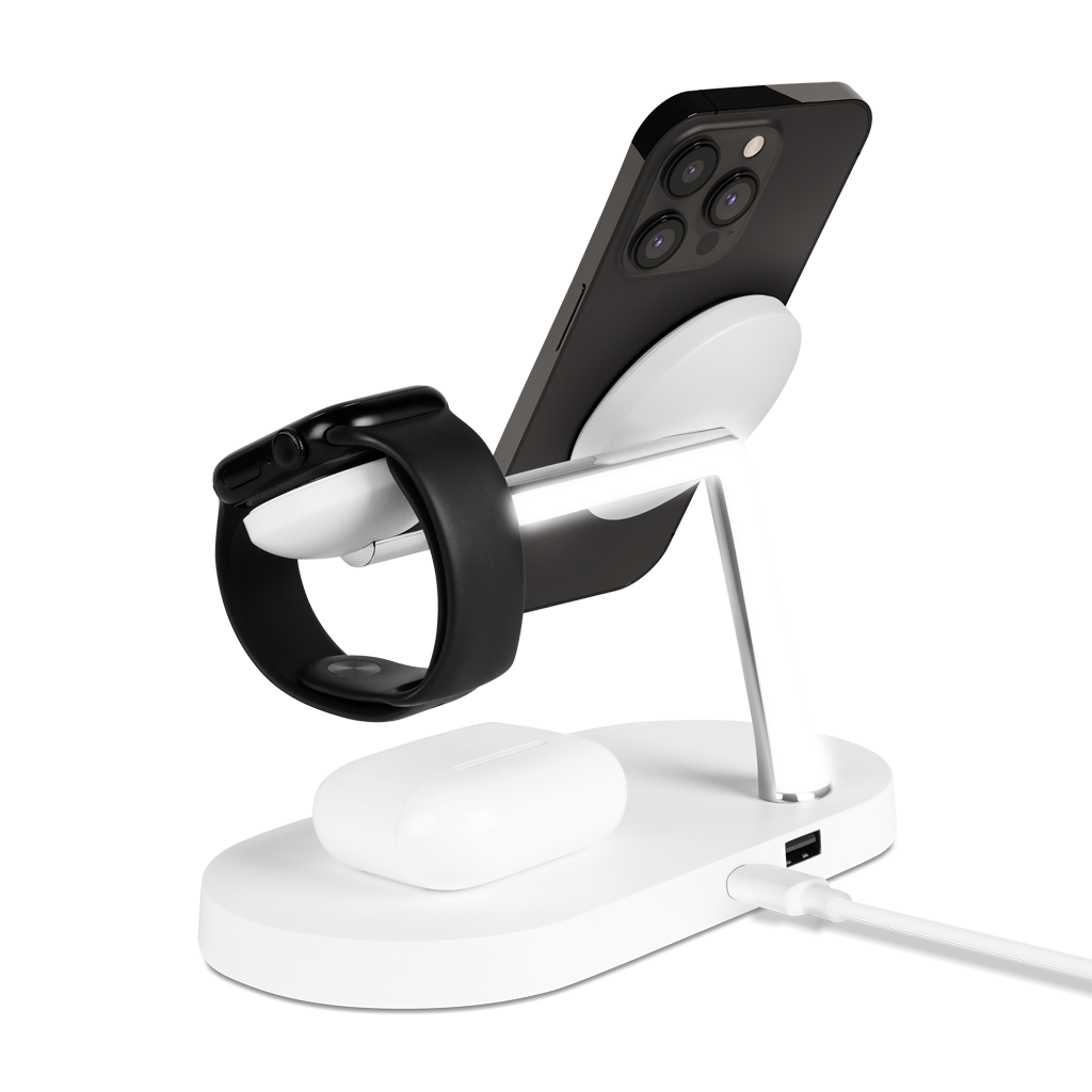 TTEC AirCharger Quattro M MagSafe iPhone + Apple Watch + AirPods LED Aydınlatma Kablosuz Şarj Standı Beyaz