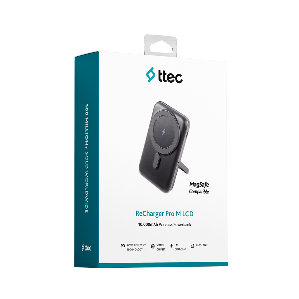 MagSafe uyumlu siyah ReCharger Pro M LCD powerbank. Kutuda 100 milyon+ dünya çapında satıldı yazıyor ve ttec markasını içeriyor.