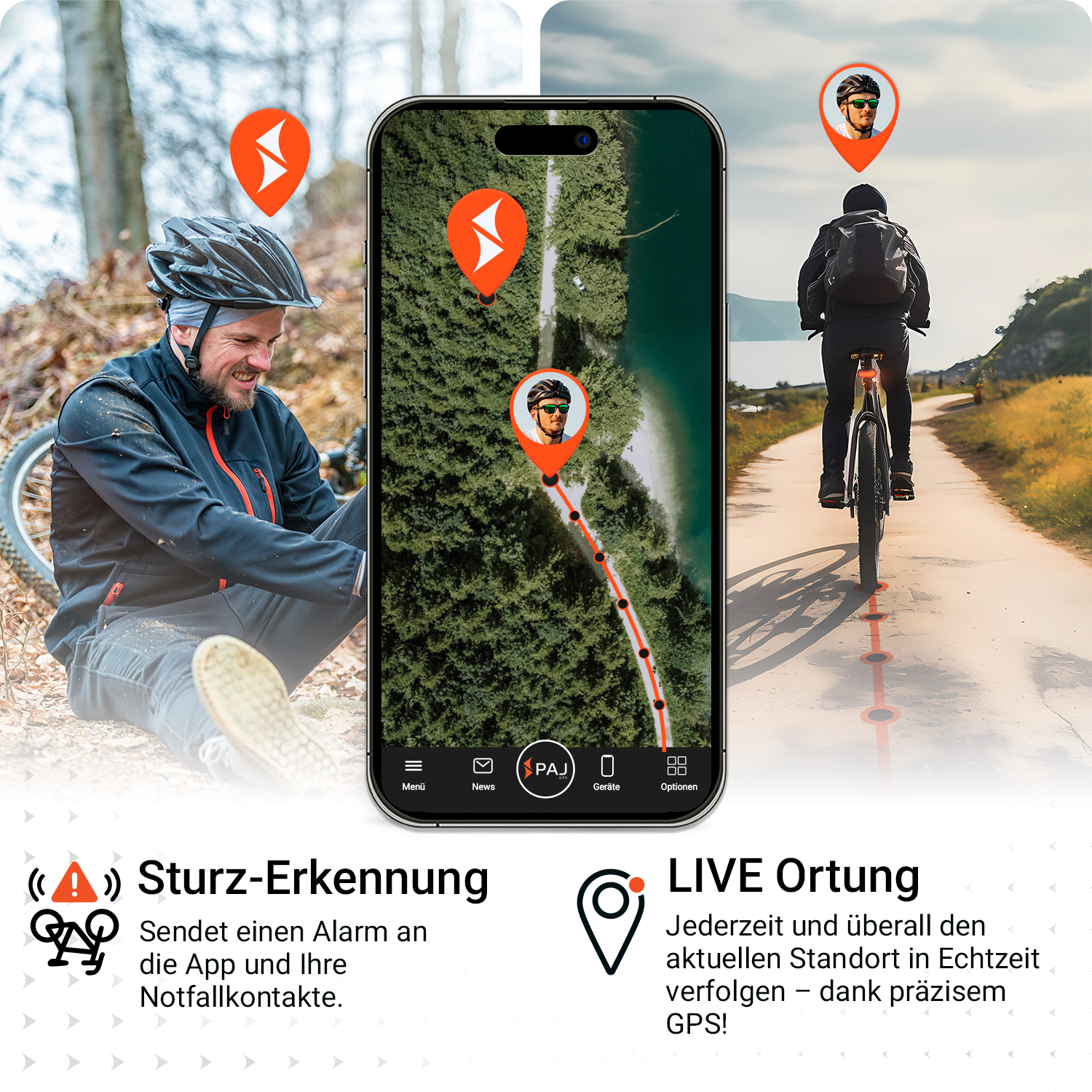 Ein Radfahrer auf einem Fahrrad, ein Telefon, das eine Karte mit Standortmarkierungen zeigt, und Text über Sturzerkennung und Live-Tracking.